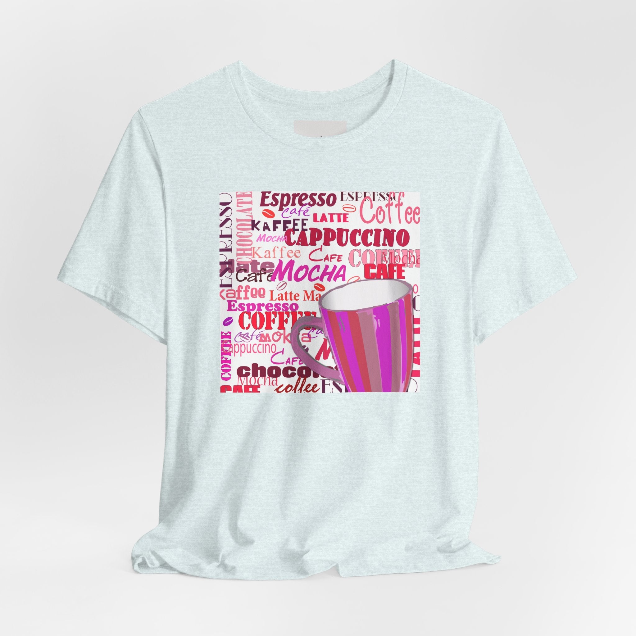 Coffee Words Graphic Tee — Pink Latte Mocha Cup Shirt