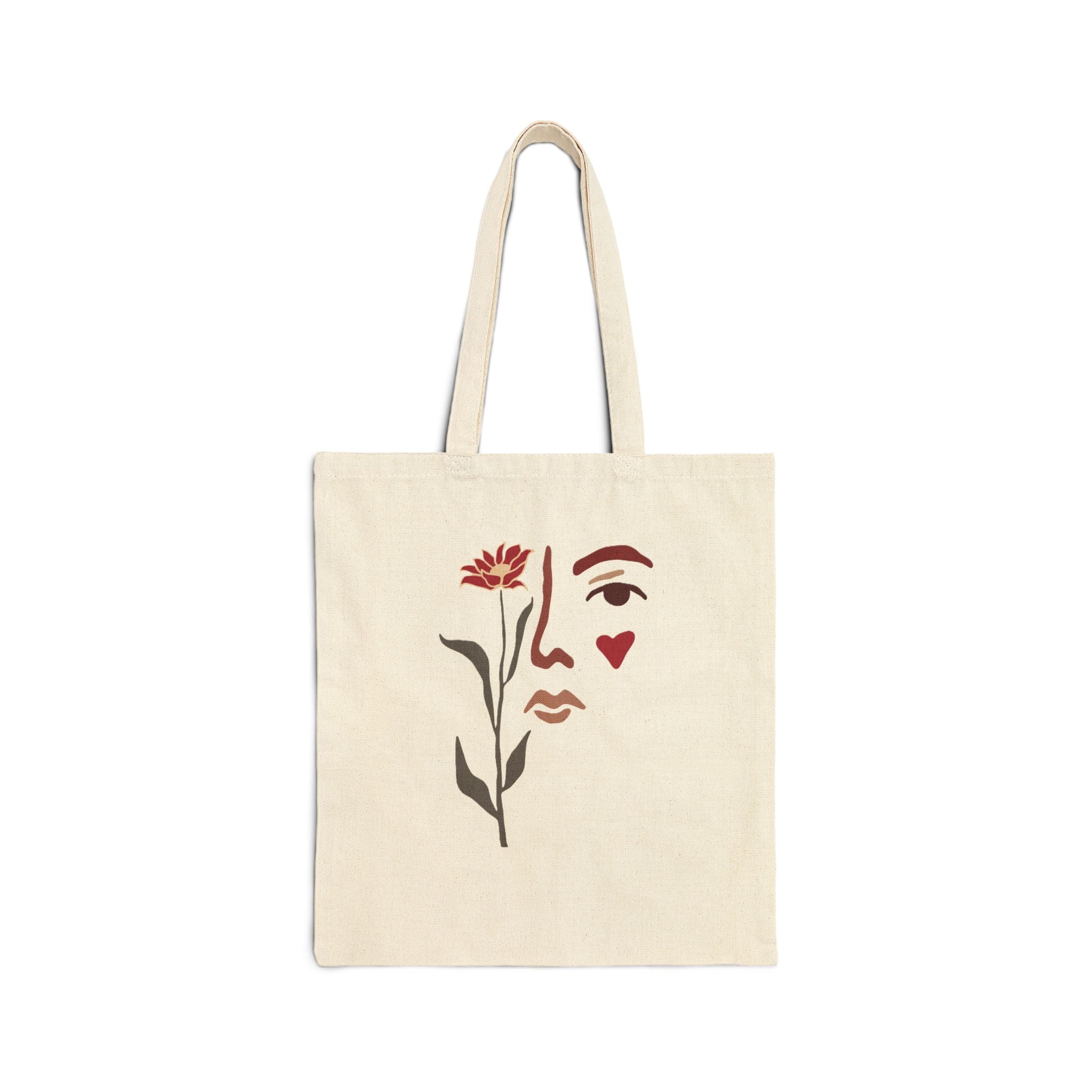 Floral Face Canvas Tote — Minimal Line Art Tote Bag with Heart Accent