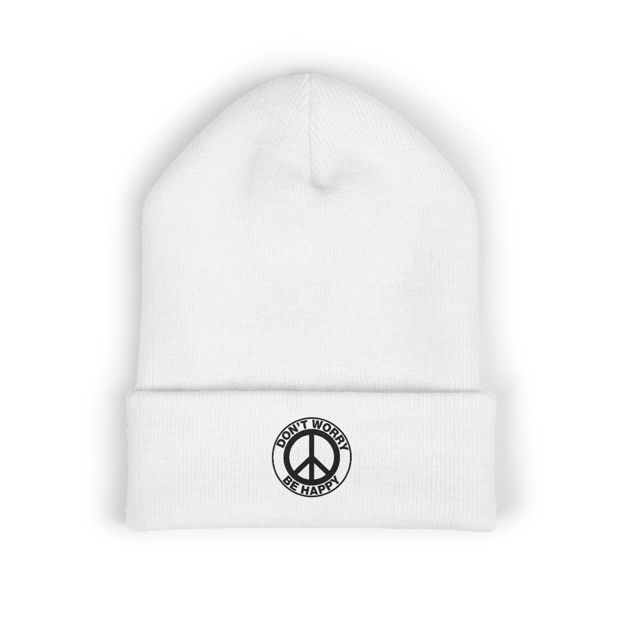 Peace Sign Cuffed Beanie — "Don't Worry Be Happy" Embroidered Knit Hat