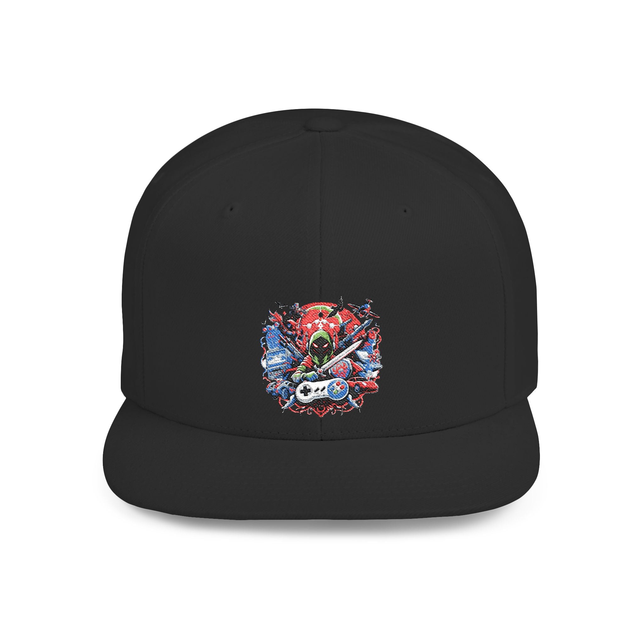 Gamer Flat Bill Snapback Hat — Watercolor Skull Design