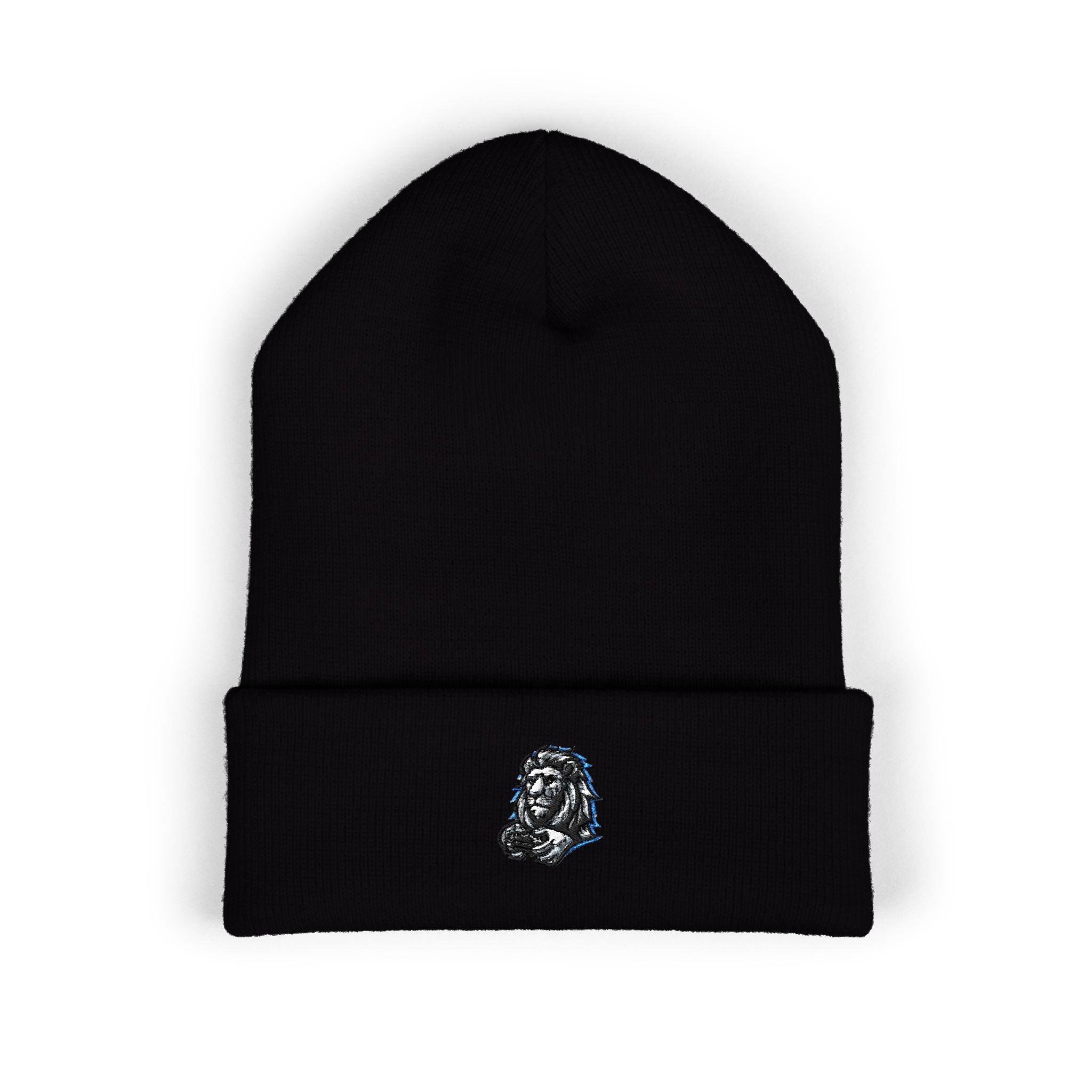 Embroidered Lion Cuffed Beanie — Classic Winter Knit Hat