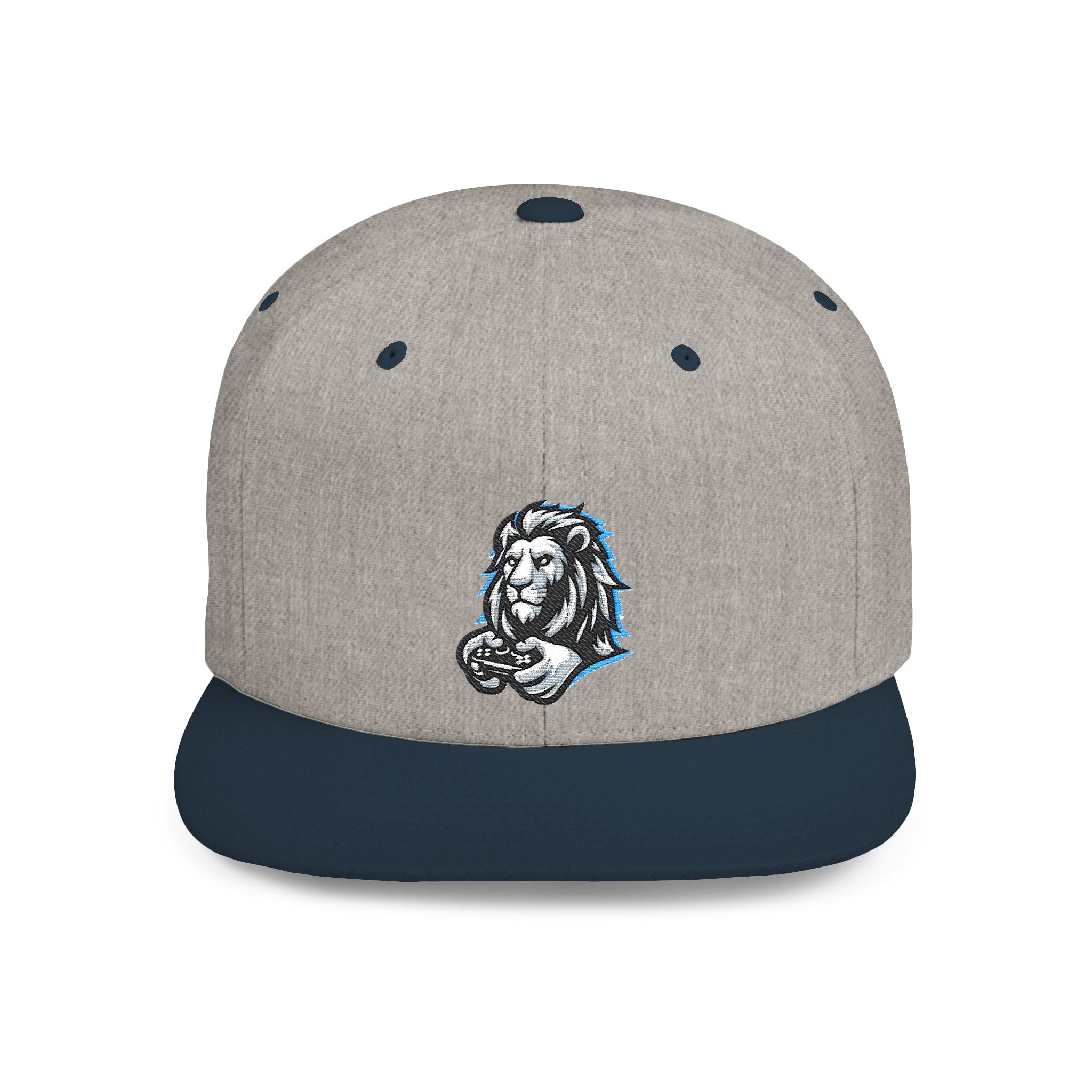 Gaming Lion Embroidered Snapback Hat — Flat Bill White Cap with Regal Lion Design