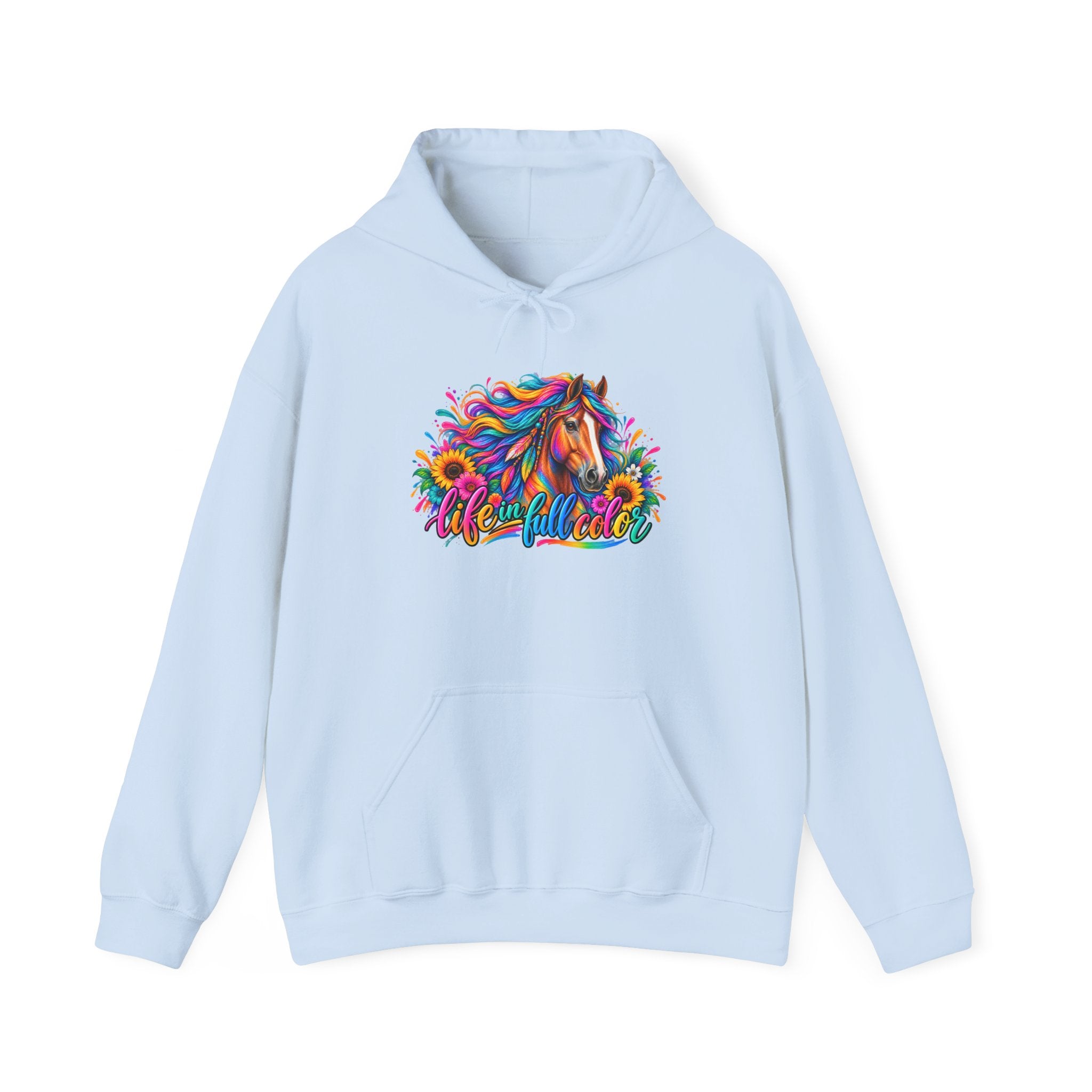 Colorful Horse Hoodie — Vibrant Rainbow Horse Graphic "Live Wild" Sweatshirt