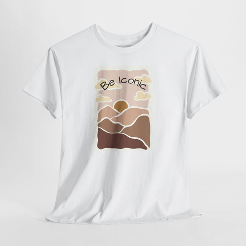 Be Iconic Tee — Retro Sunset Mountain Graphic T‑Shirt
