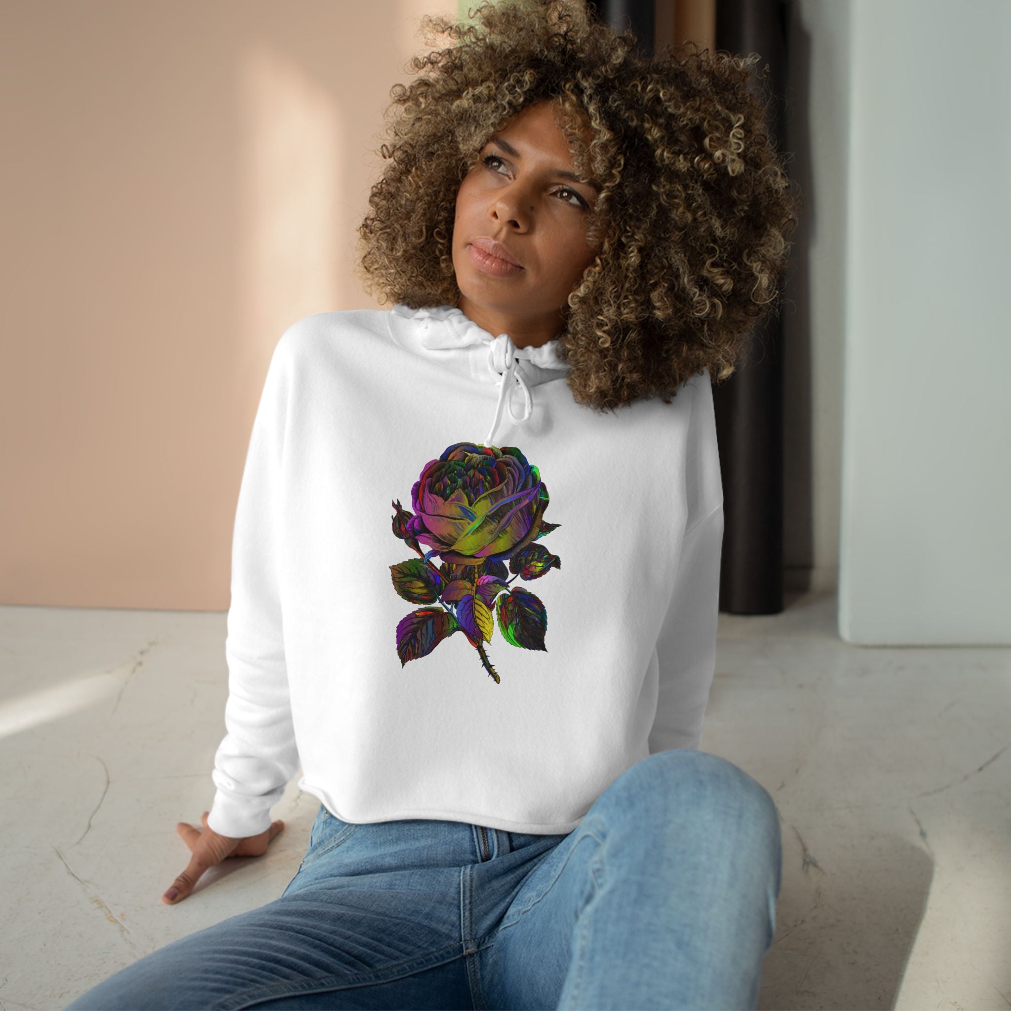 Iridescent Rose Crop Hoodie — Holographic Floral Graphic Cropped Sweatshirt
