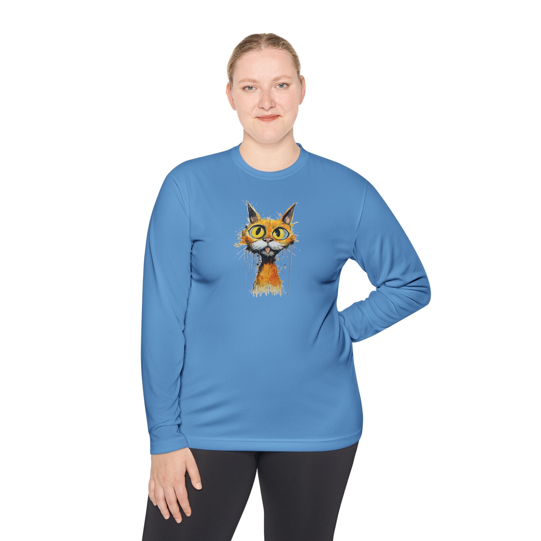 Whimsical Watercolor Cat Long Sleeve Tee — Cute Orange Kitty Art Shirt