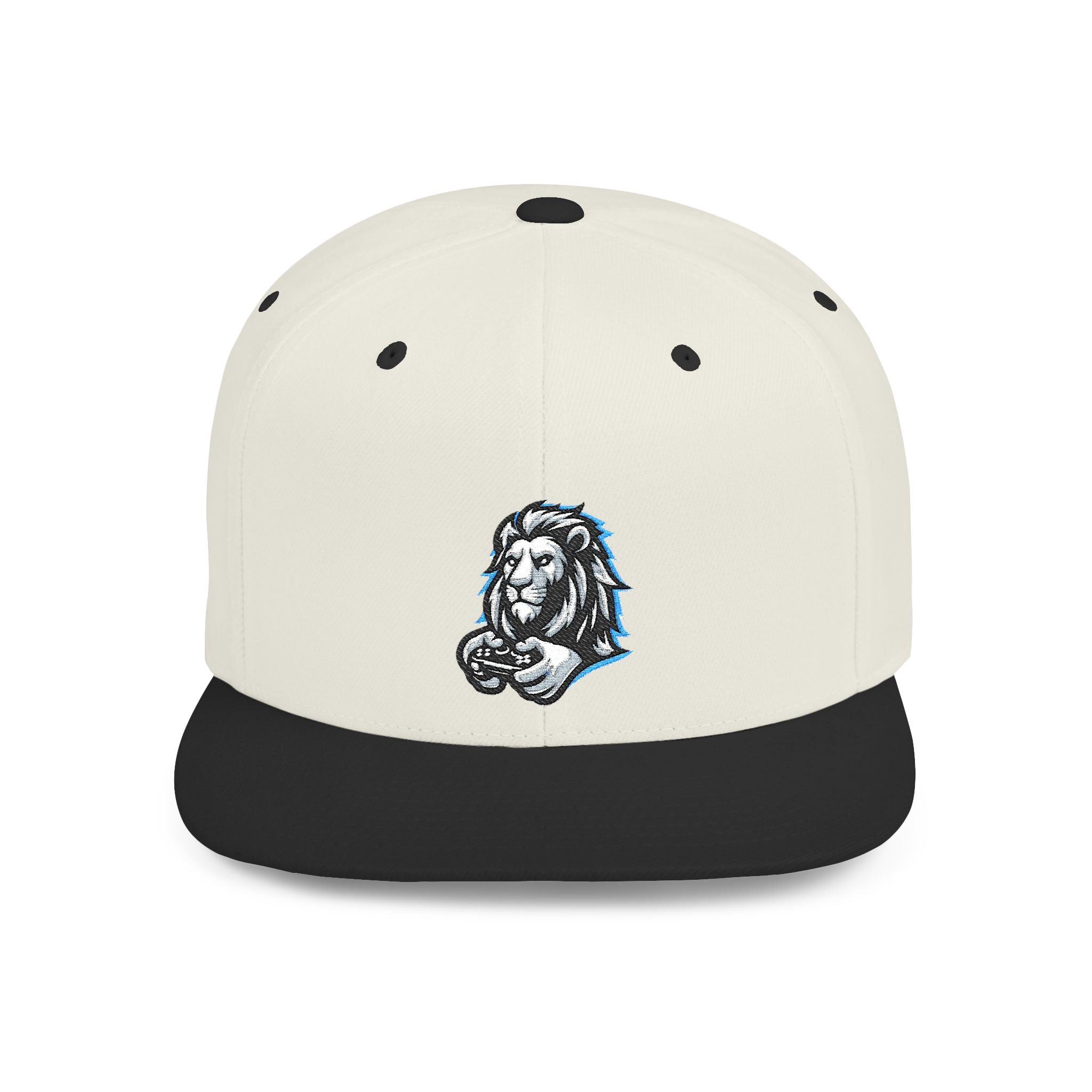Gaming Lion Embroidered Snapback Hat — Flat Bill White Cap with Regal Lion Design