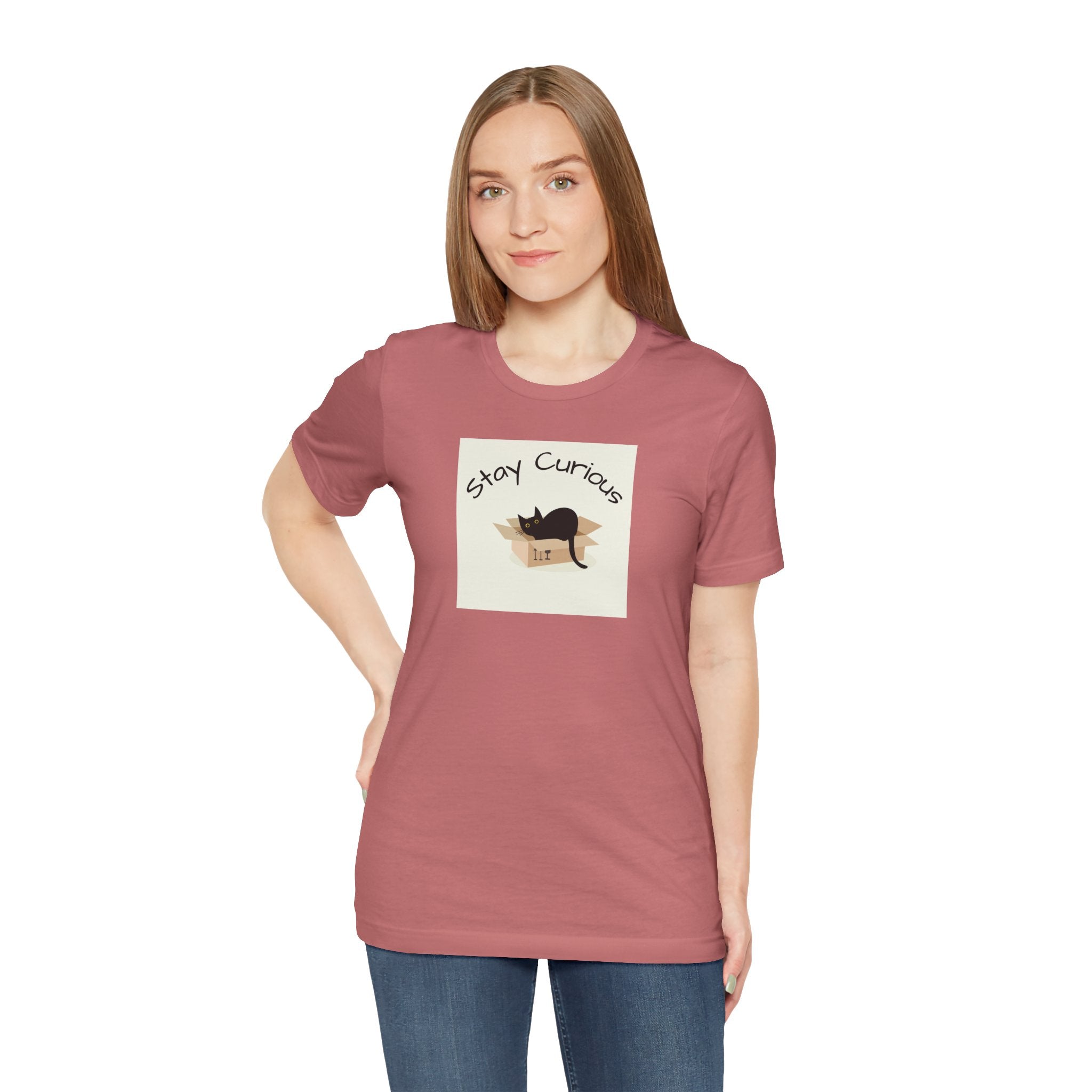 Stay Curious Cat T-Shirt — Cute Black Cat in Box Graphic Tee