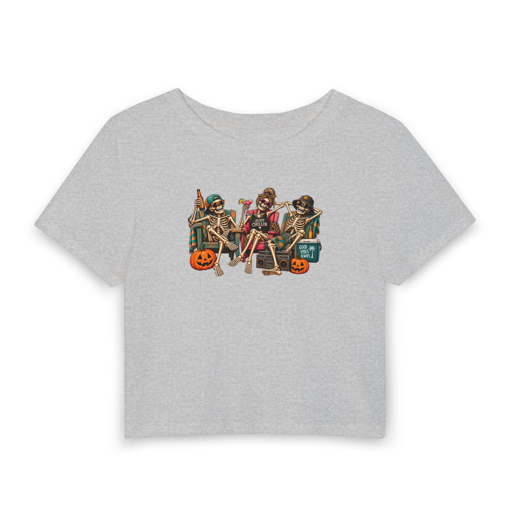 Halloween Skeleton Band Women's Baby Tee — Cute Retro Trick-or-Treat Graphic