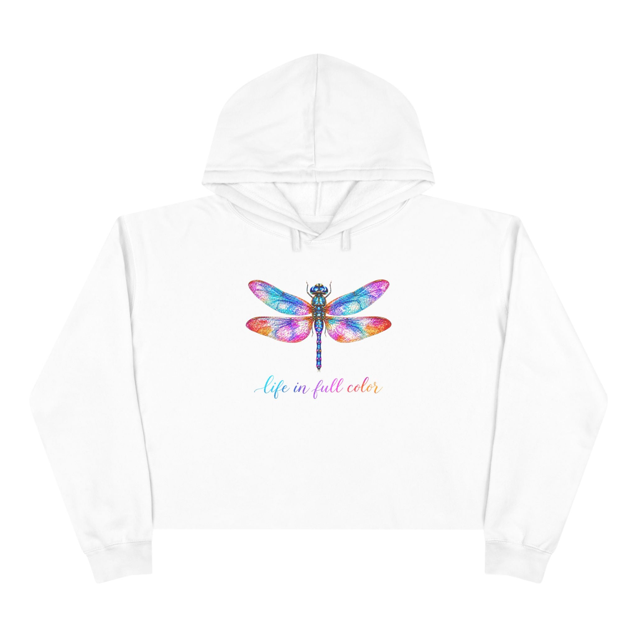 Colorful Dragonfly Crop Hoodie — "Life in Full Color" Graphic