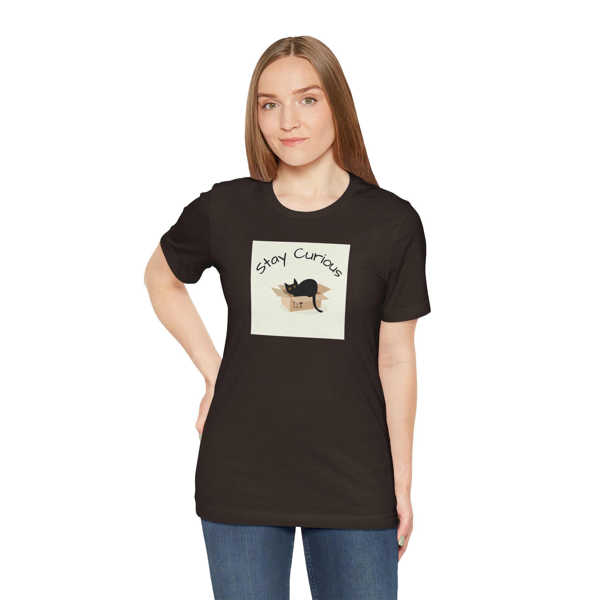 Stay Curious Cat T-Shirt — Cute Black Cat in Box Graphic Tee