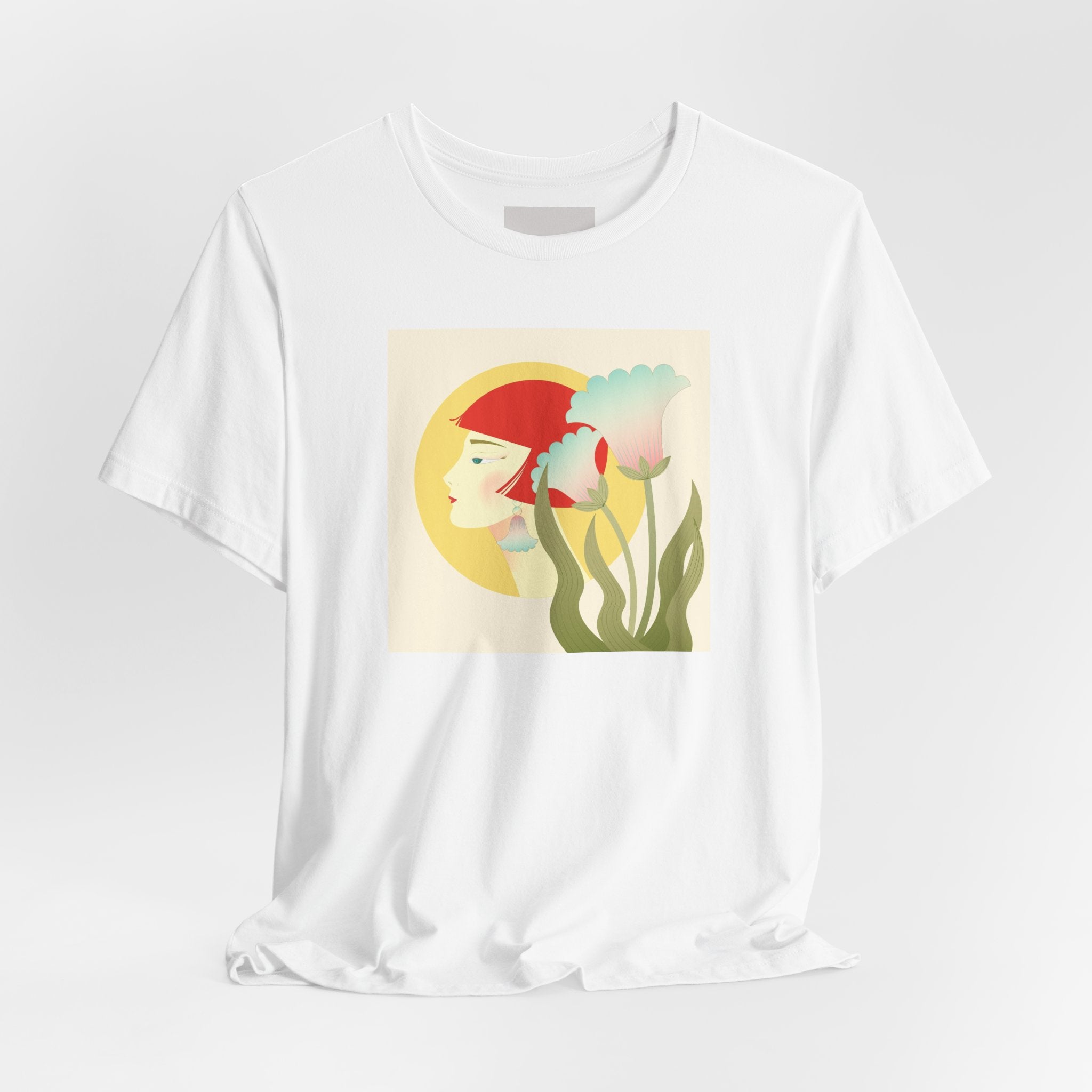 Floral Maiden Graphic Tee — Retro Woman & Tulips Art Shirt