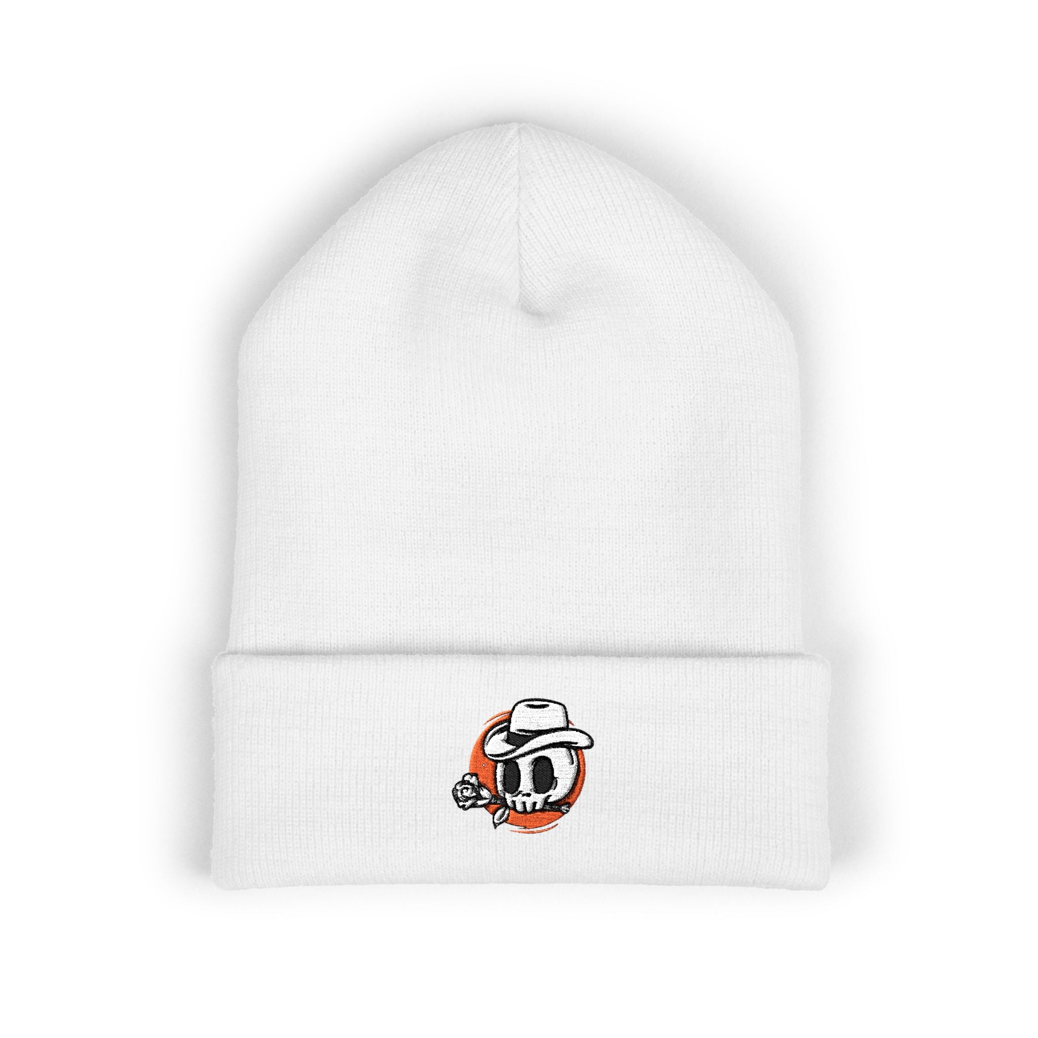 Embroidered Skate Skull Cuffed Beanie — White