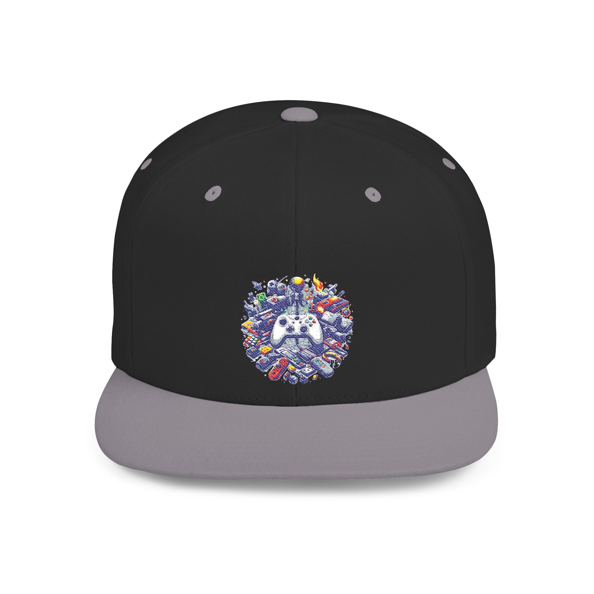Minimalist Embroidered Flat Bill Snapback — Vintage Streetwear Cap (Abstract Gamer)