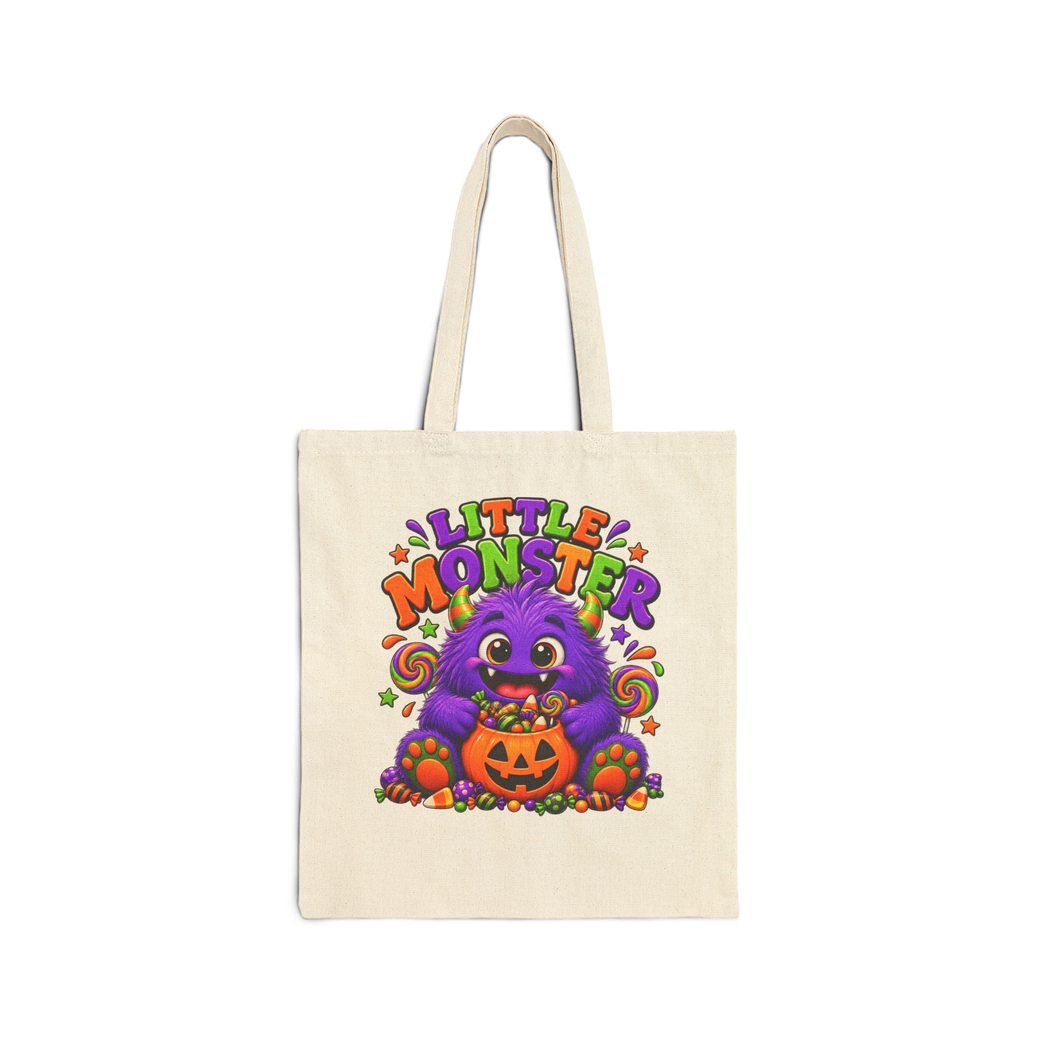 Little Monster Halloween Tote Bag — Cute Purple Monster with Pumpkin Candy Bag