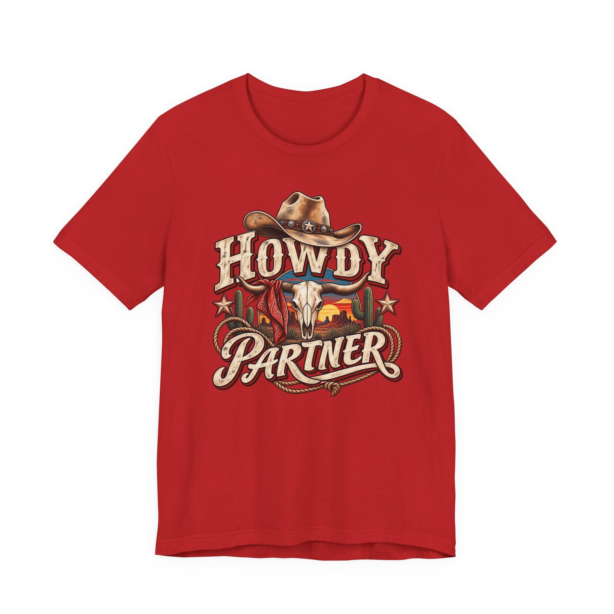 Howdy Partner Cowboy T‑Shirt - Western Skull & Sunset Graphic Tee