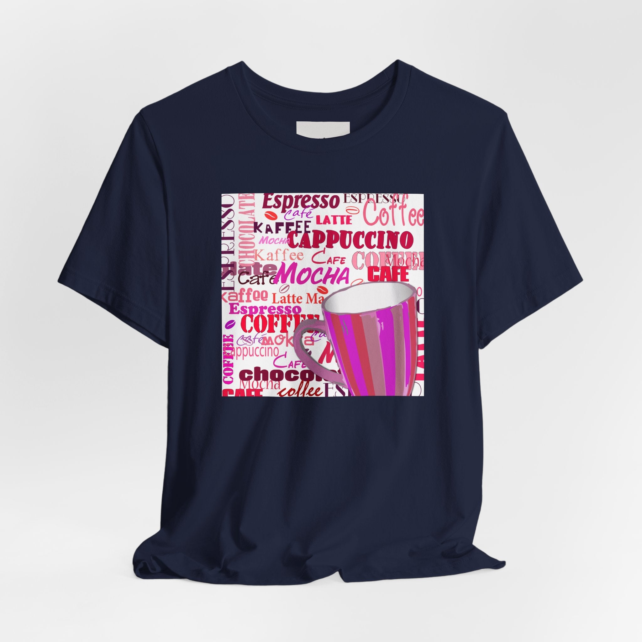 Coffee Words Graphic Tee — Pink Latte Mocha Cup Shirt