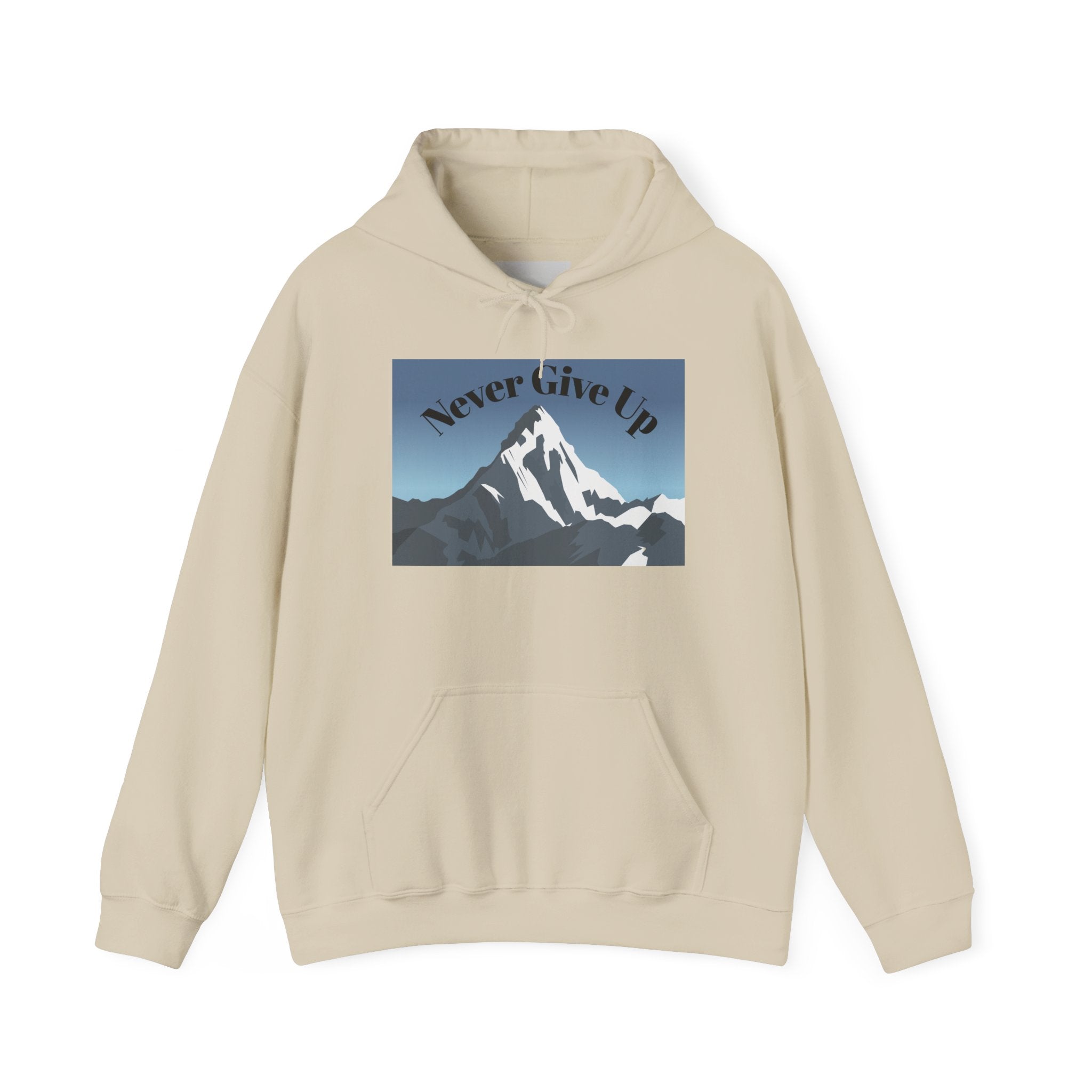 Motivational Mountain Hoodie - "Never Give Up" Inspirational Graphic Hoodie