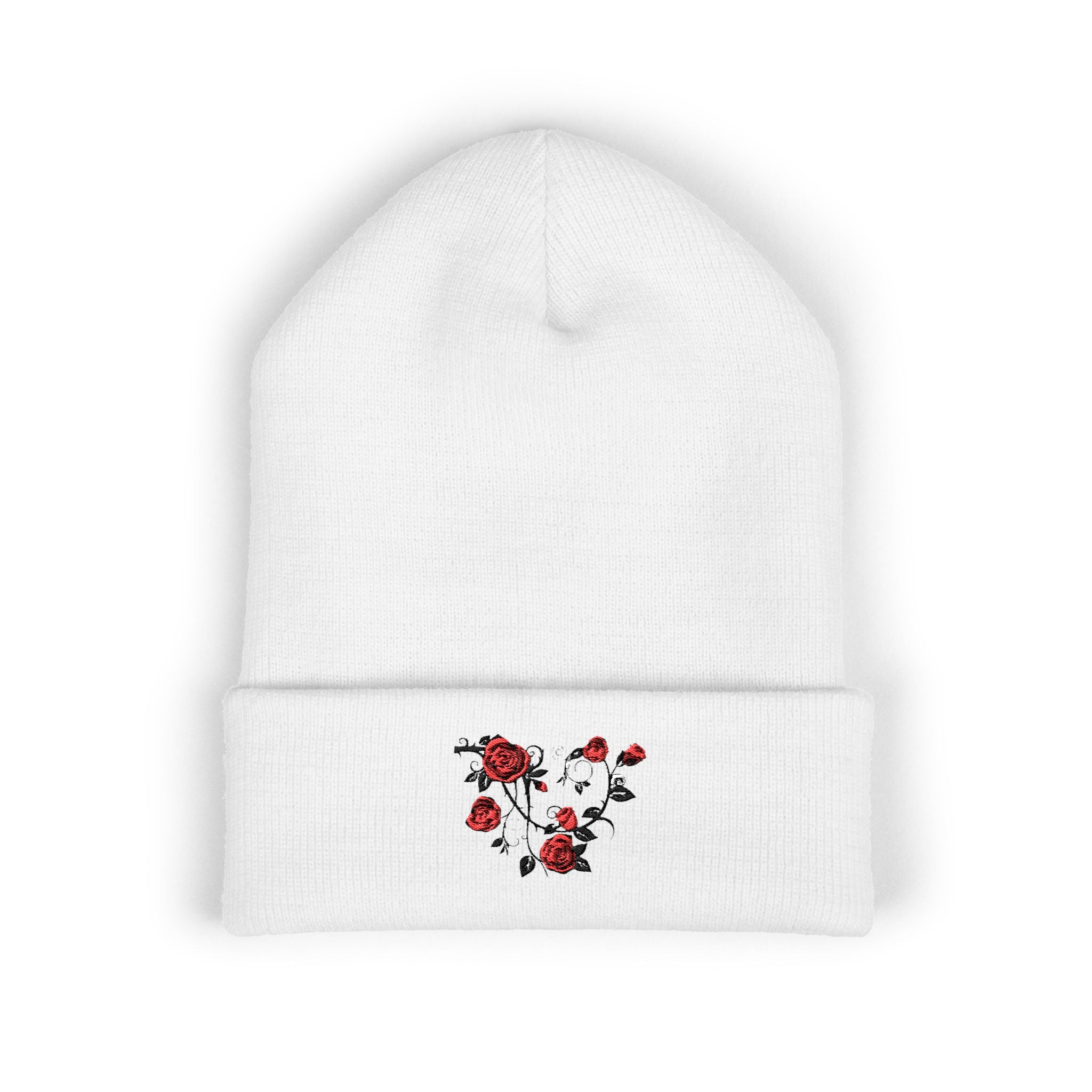 Embroidered Red Rose Heart Cuffed Beanie
