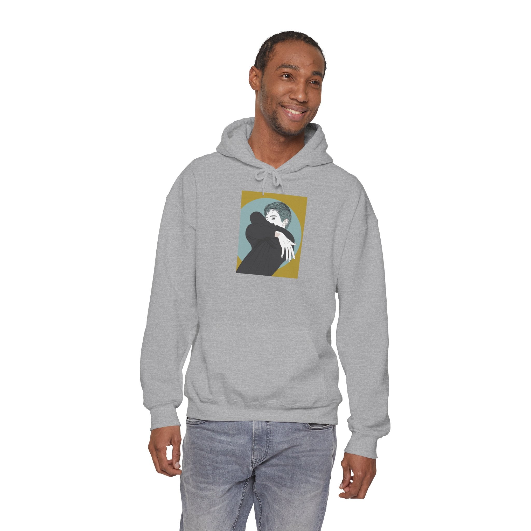 Minimalist Embrace Hoodie — Retro Couple Illustration Pullover