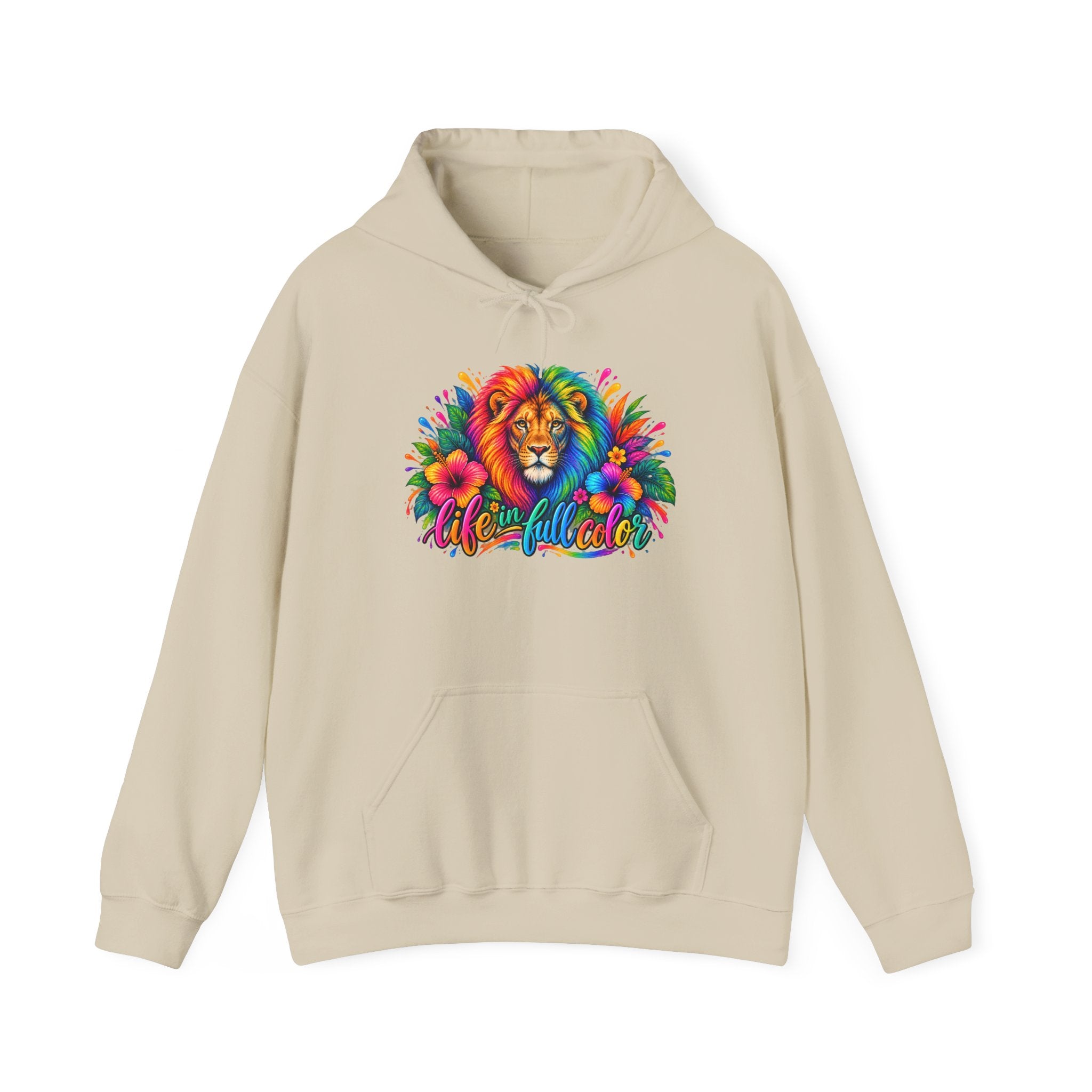 Colorful Lion Hoodie with 'Wild and Free' Floral Design — Vibrant Animal Lover Sweatshirt