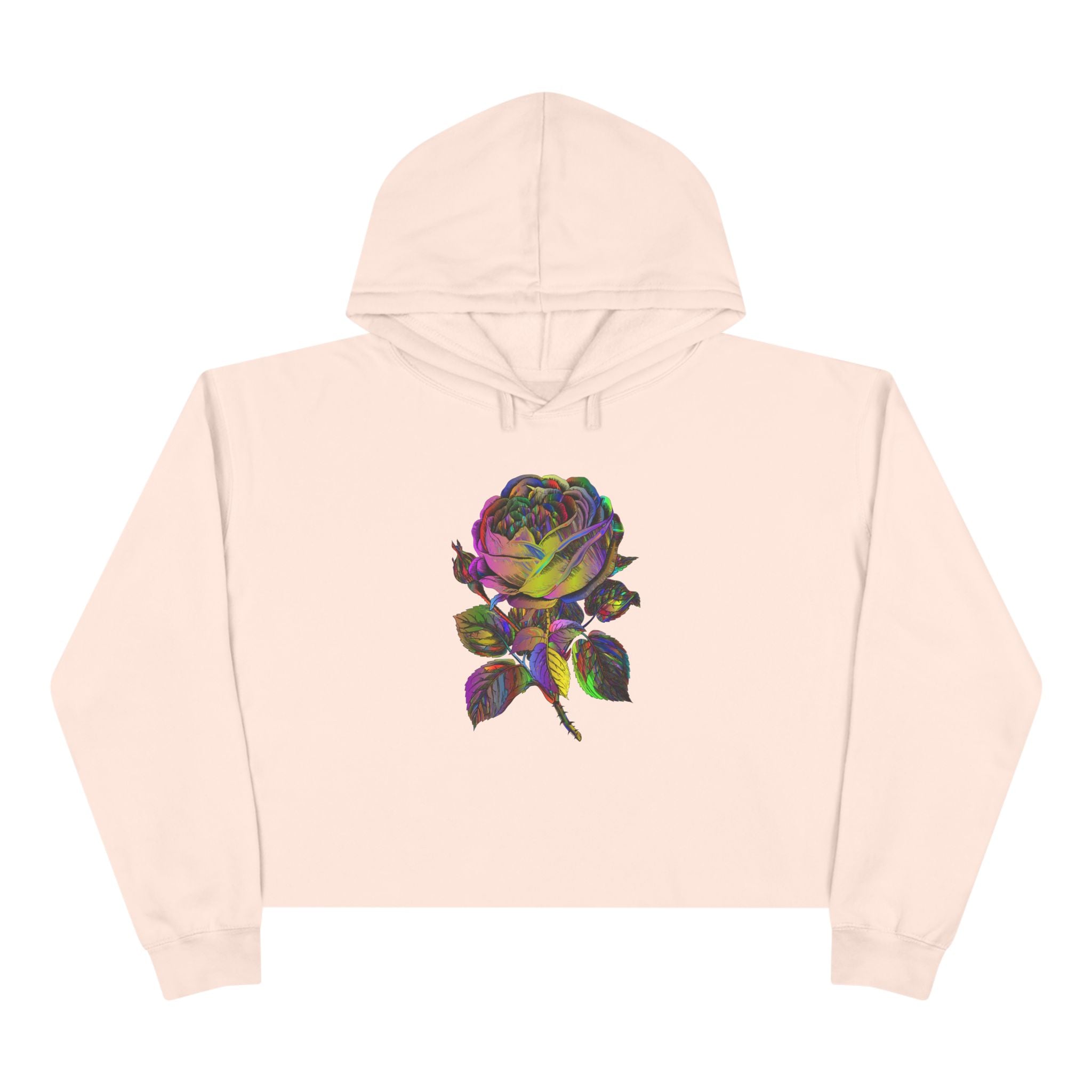 Iridescent Rose Crop Hoodie — Holographic Floral Graphic Cropped Sweatshirt