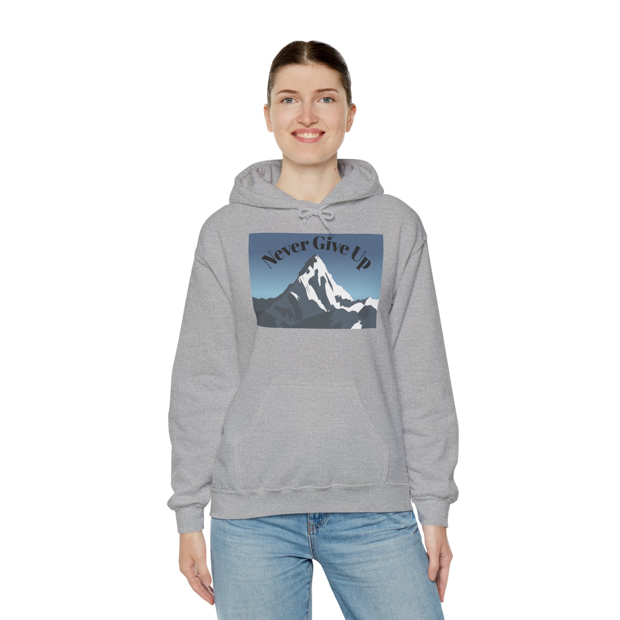Motivational Mountain Hoodie - "Never Give Up" Inspirational Graphic Hoodie
