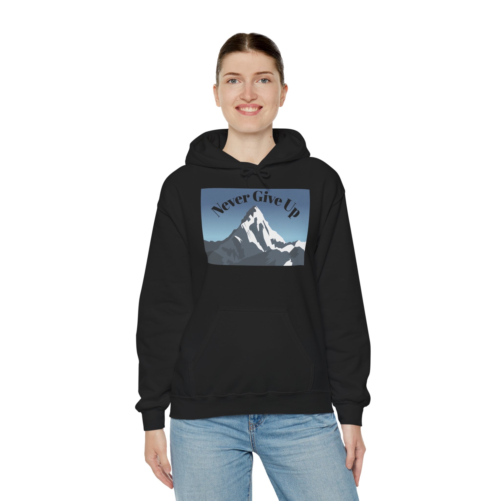 Motivational Mountain Hoodie - "Never Give Up" Inspirational Graphic Hoodie