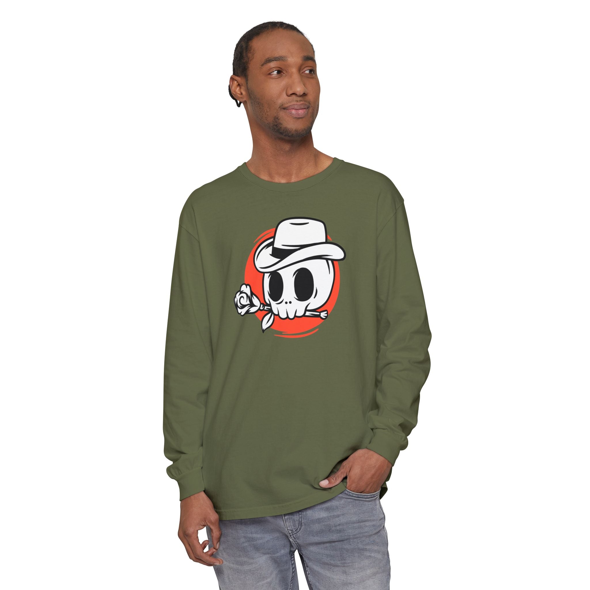 Skull Cowboy Long Sleeve Tee – Retro Rose Graphic