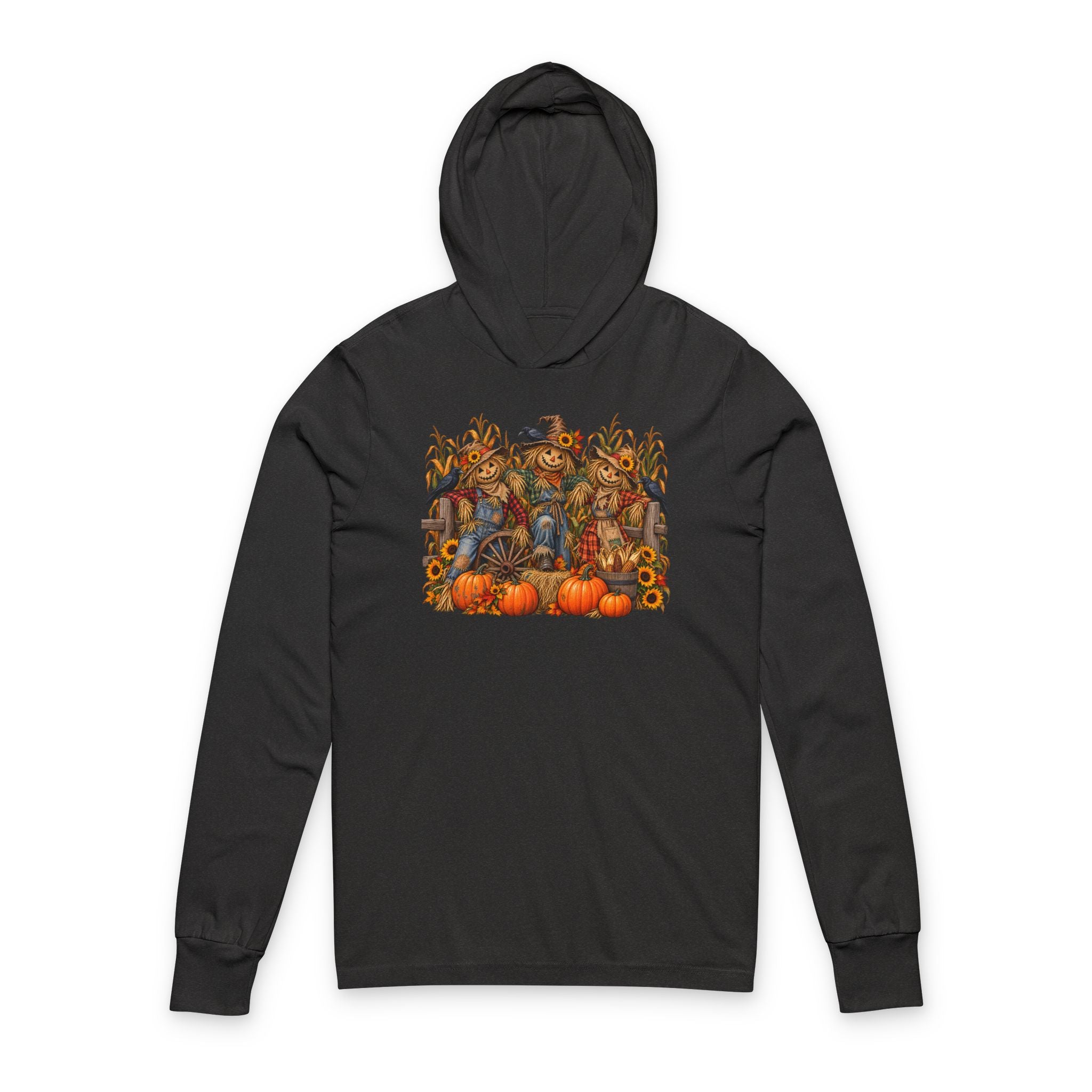 Halloween Scarecrow Patchwork Long-Sleeve Hooded Tee — Pumpkin Fall Harvest Design