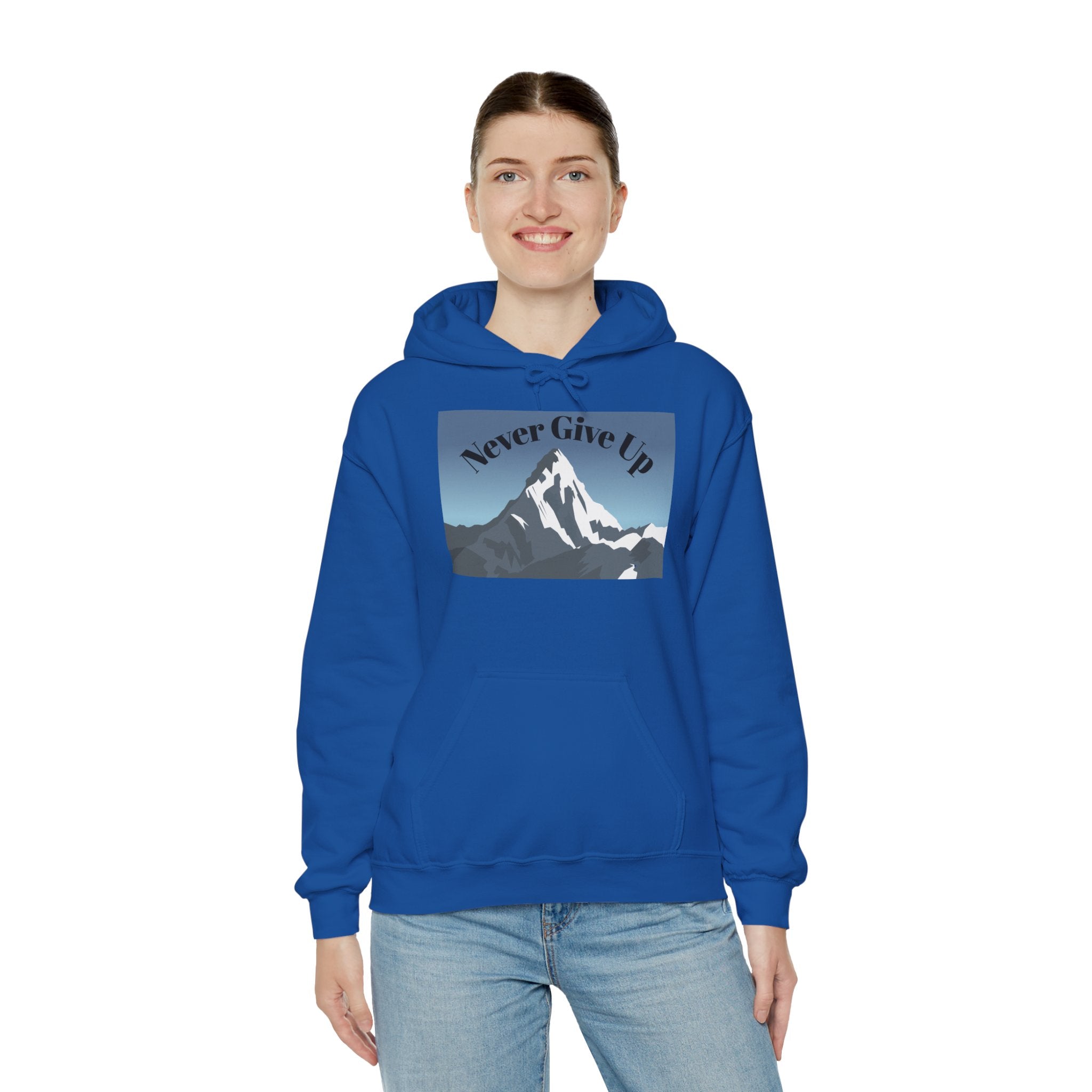 Motivational Mountain Hoodie - "Never Give Up" Inspirational Graphic Hoodie