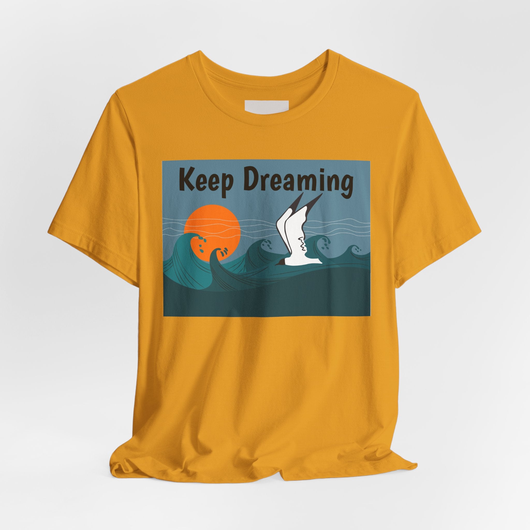 Keep Dreaming Seagull T-Shirt — Sunset Ocean Waves Graphic Tee