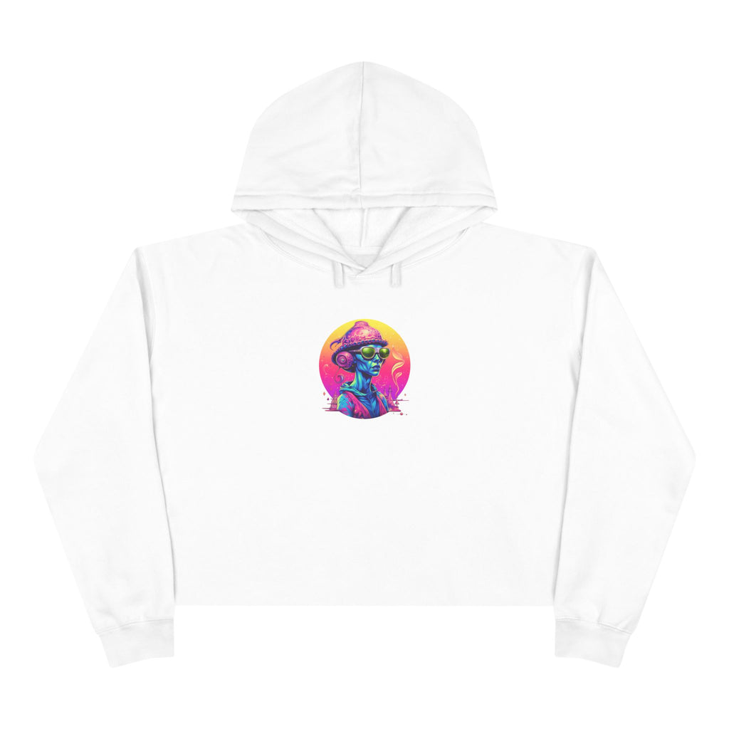 Alien DJ Crop Hoodie — Neon Retro Space Graphic
