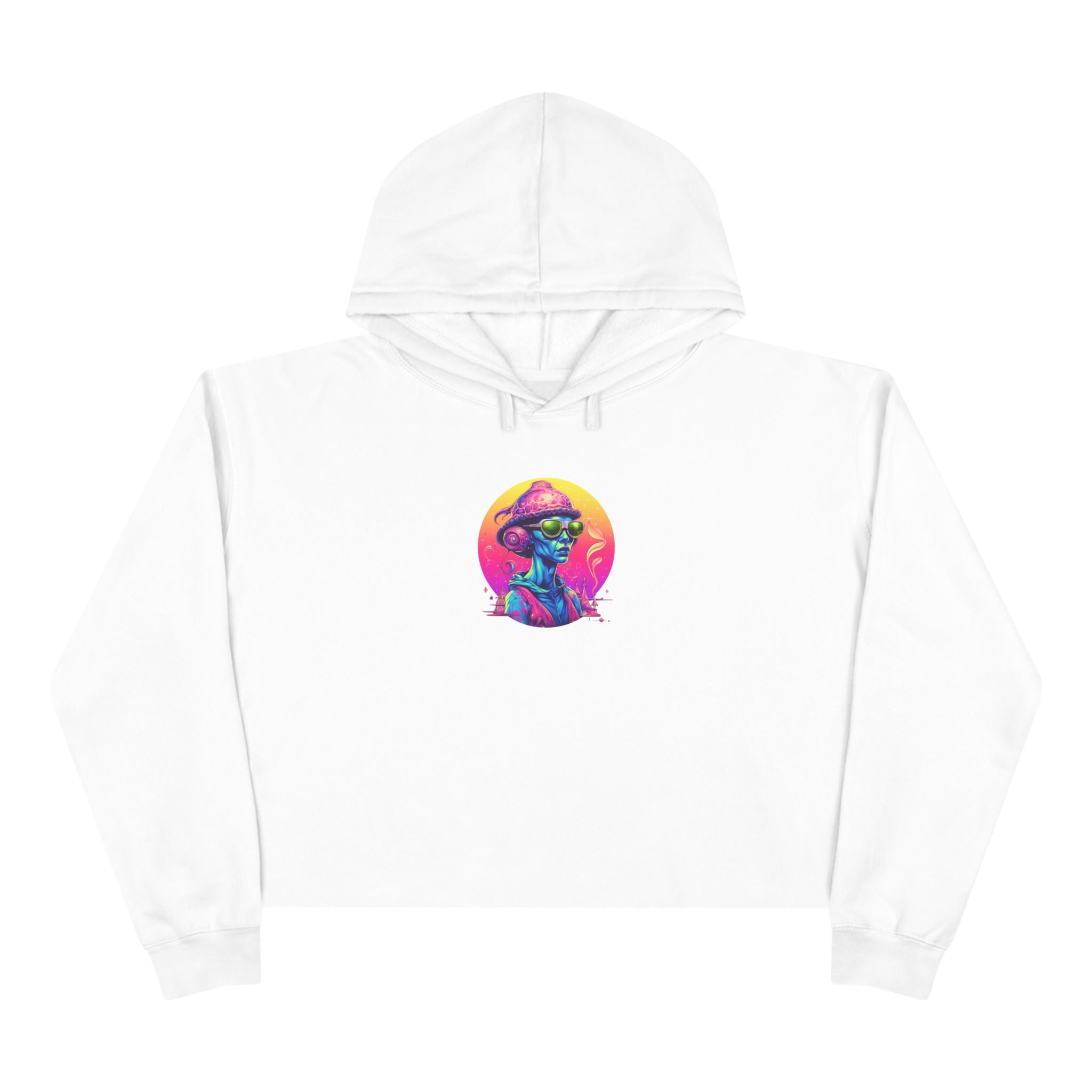 Alien DJ Crop Hoodie — Neon Retro Space Graphic