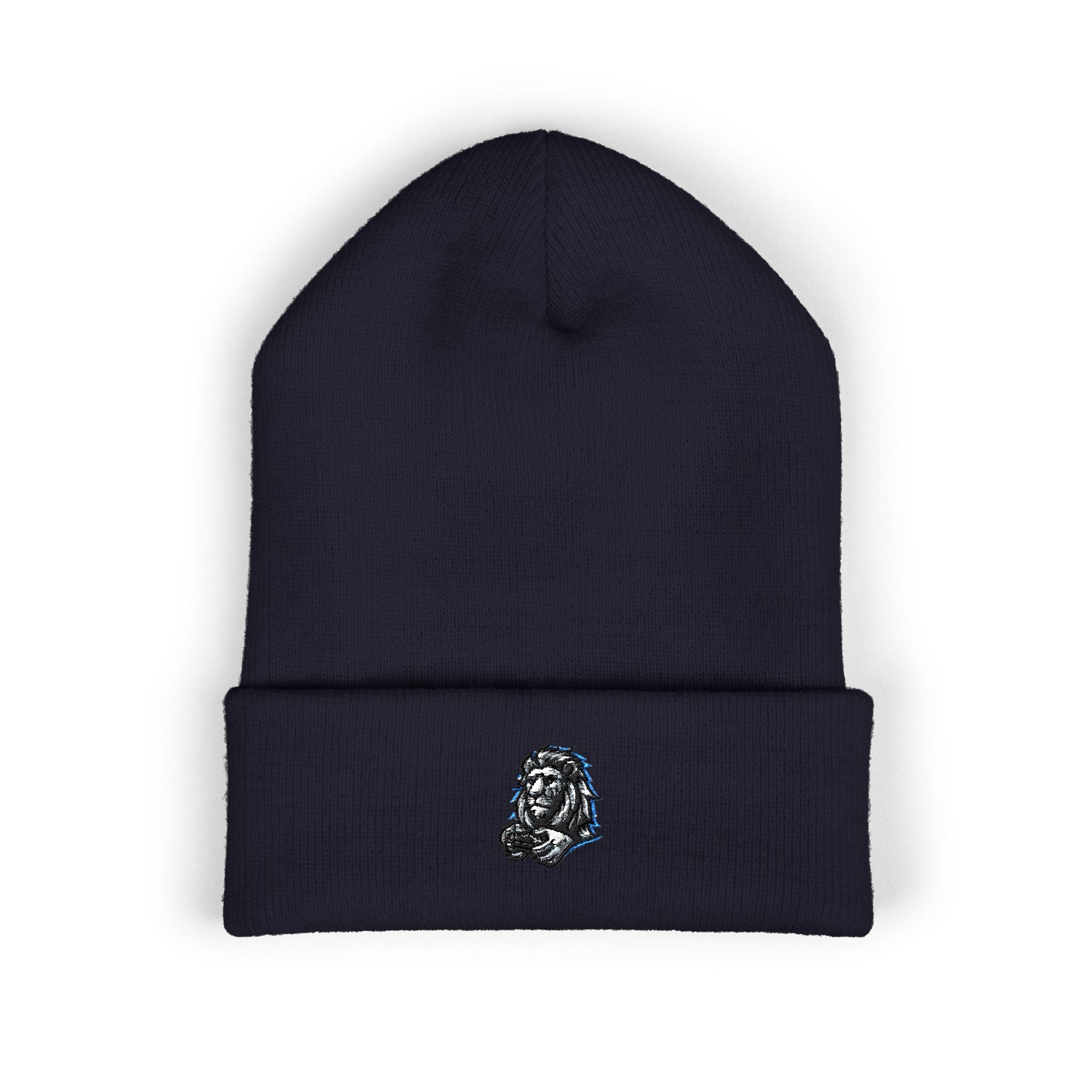Embroidered Lion Cuffed Beanie — Classic Winter Knit Hat