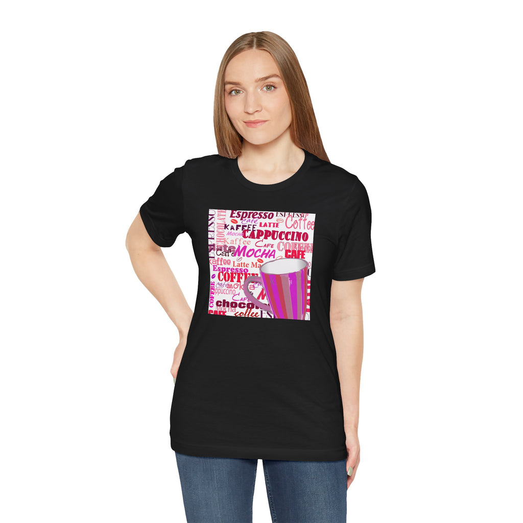 Coffee Words Graphic Tee — Pink Latte Mocha Cup Shirt