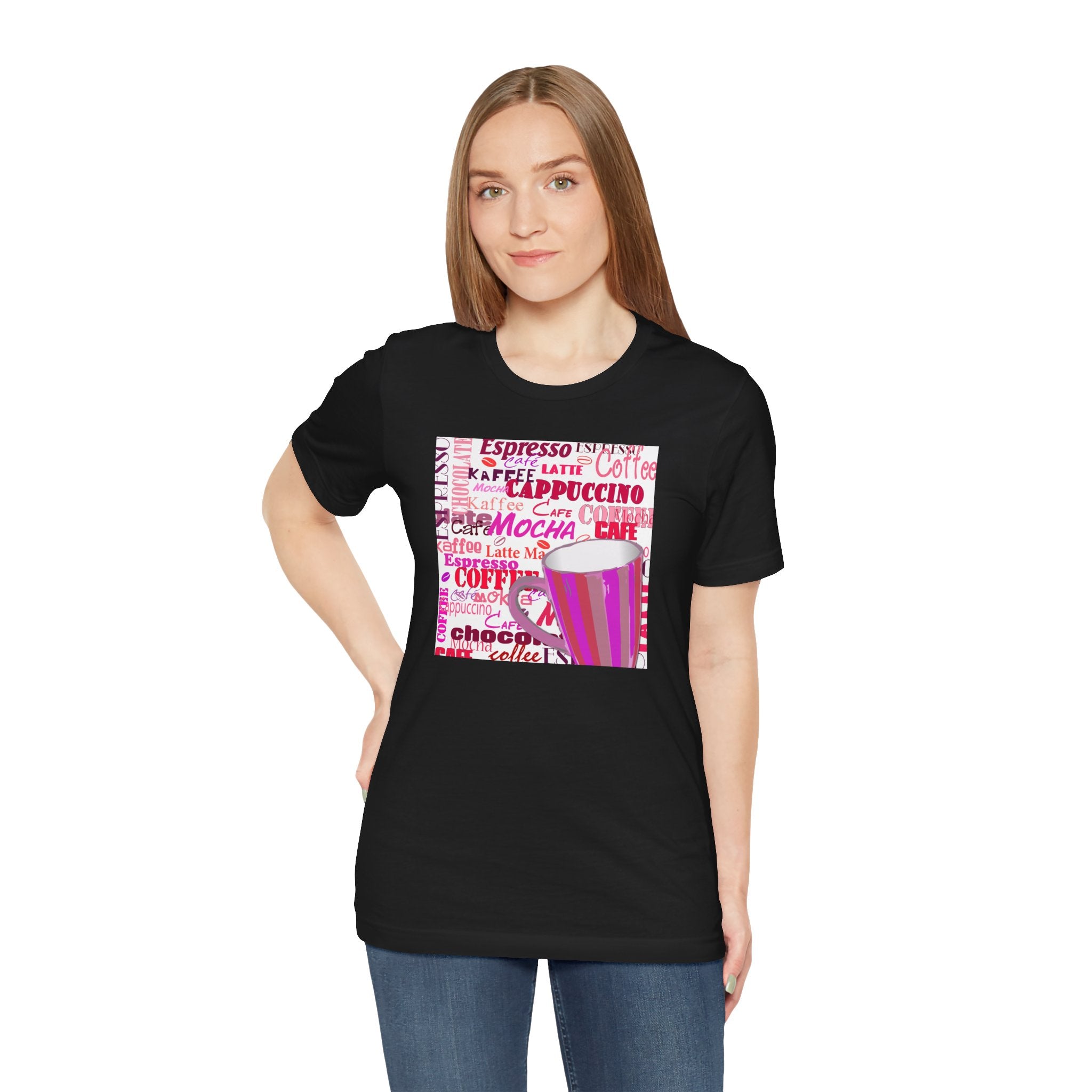 Coffee Words Graphic Tee — Pink Latte Mocha Cup Shirt