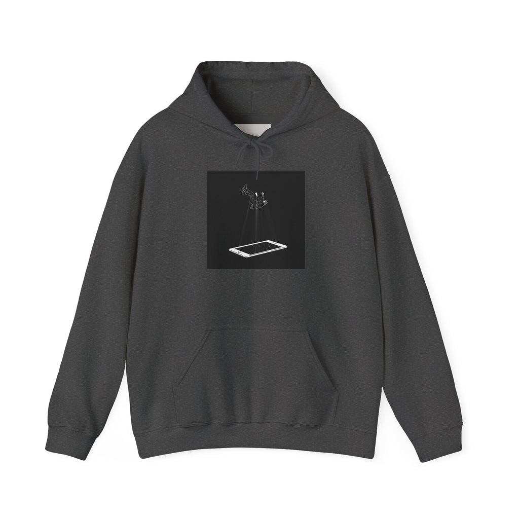 Minimalist Floating Phone Hoodie — Moody Black & White Tech Art Sweatshirt