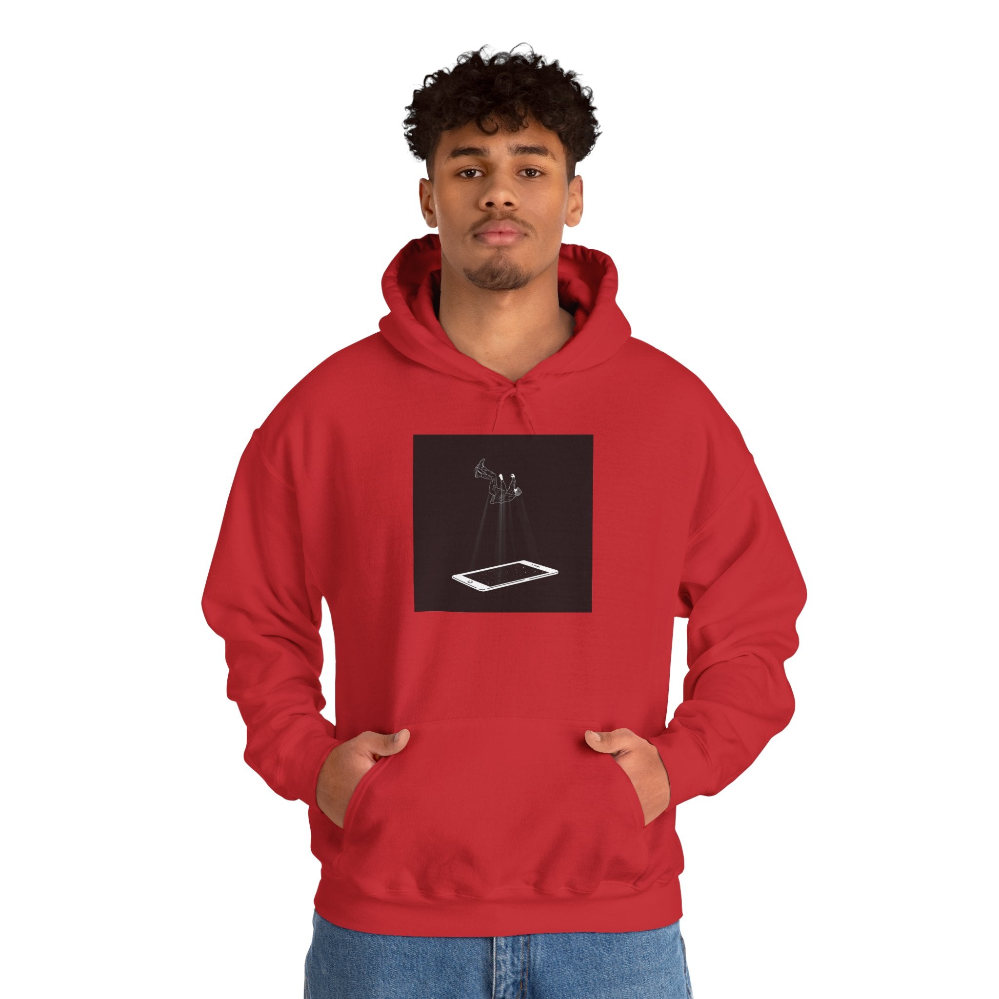 Minimalist Floating Phone Hoodie — Moody Black & White Tech Art Sweatshirt