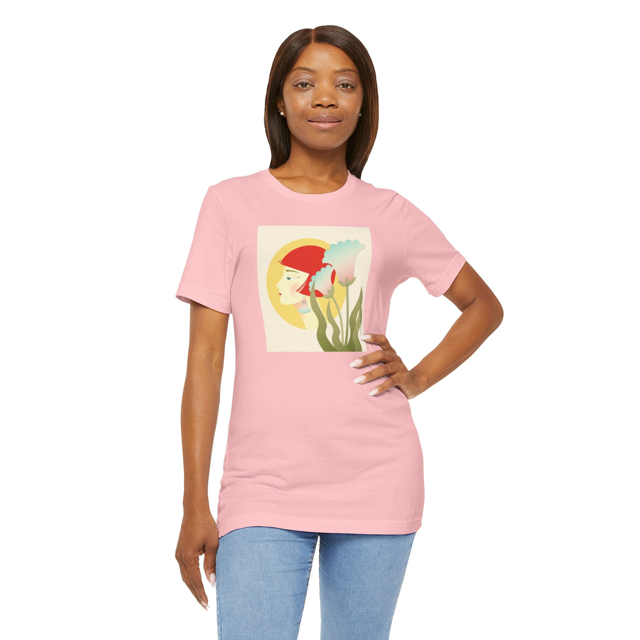 Floral Maiden Graphic Tee — Retro Woman & Tulips Art Shirt