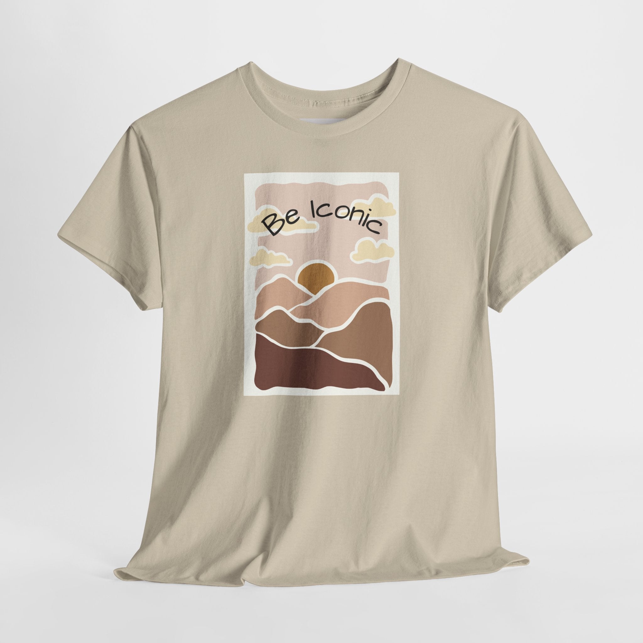 Be Iconic Tee — Retro Sunset Mountain Graphic T‑Shirt