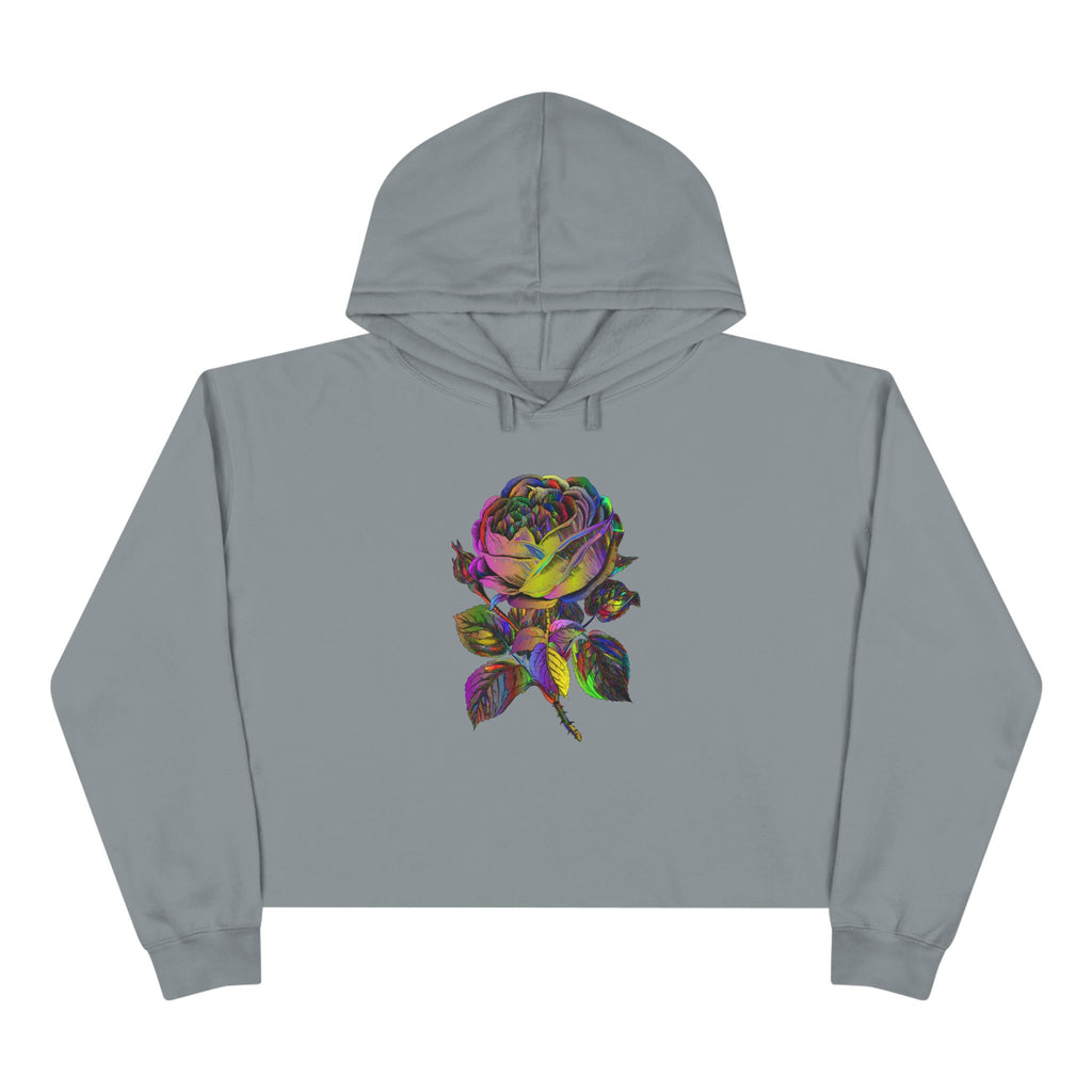 Iridescent Rose Crop Hoodie — Holographic Floral Graphic Cropped Sweatshirt