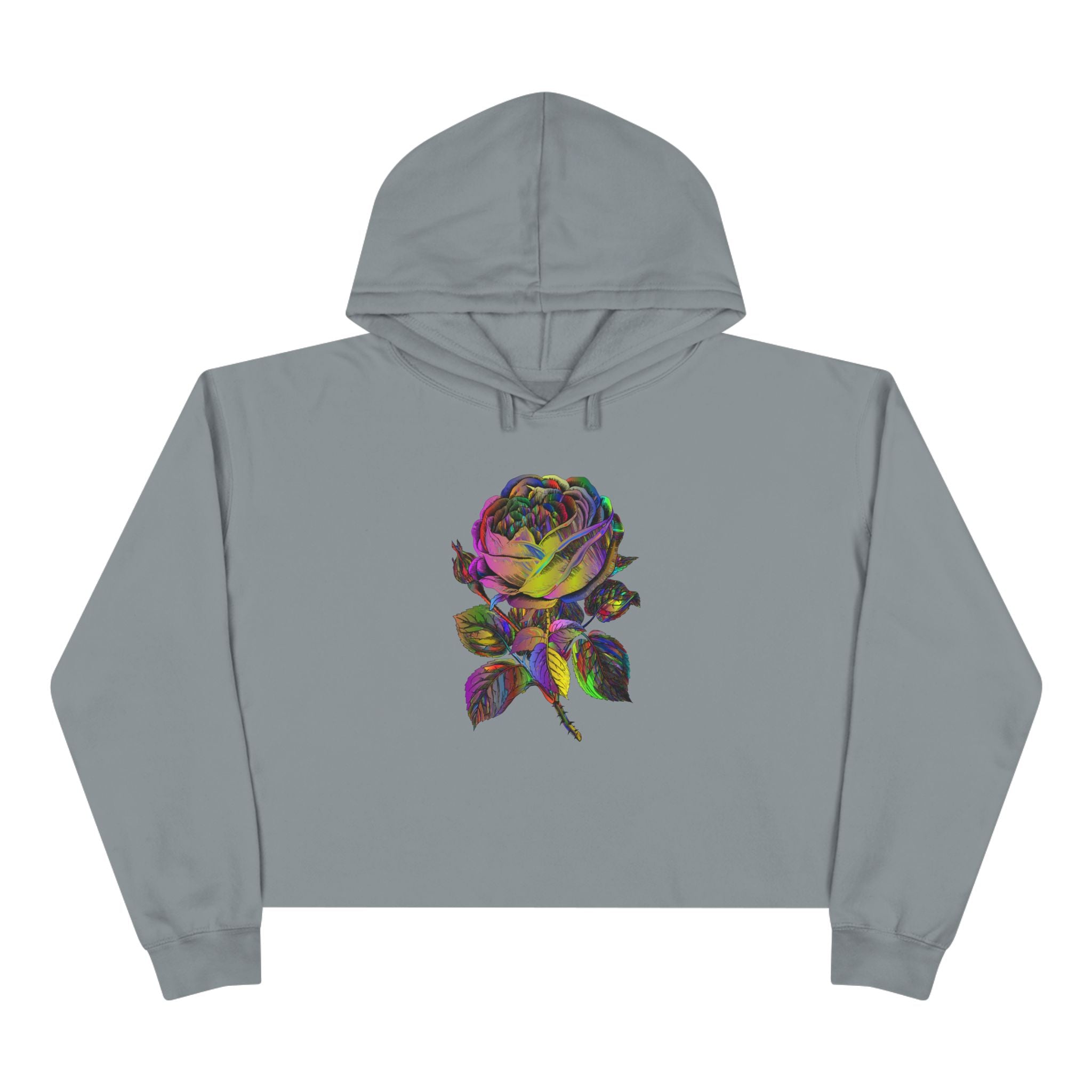 Iridescent Rose Crop Hoodie — Holographic Floral Graphic Cropped Sweatshirt