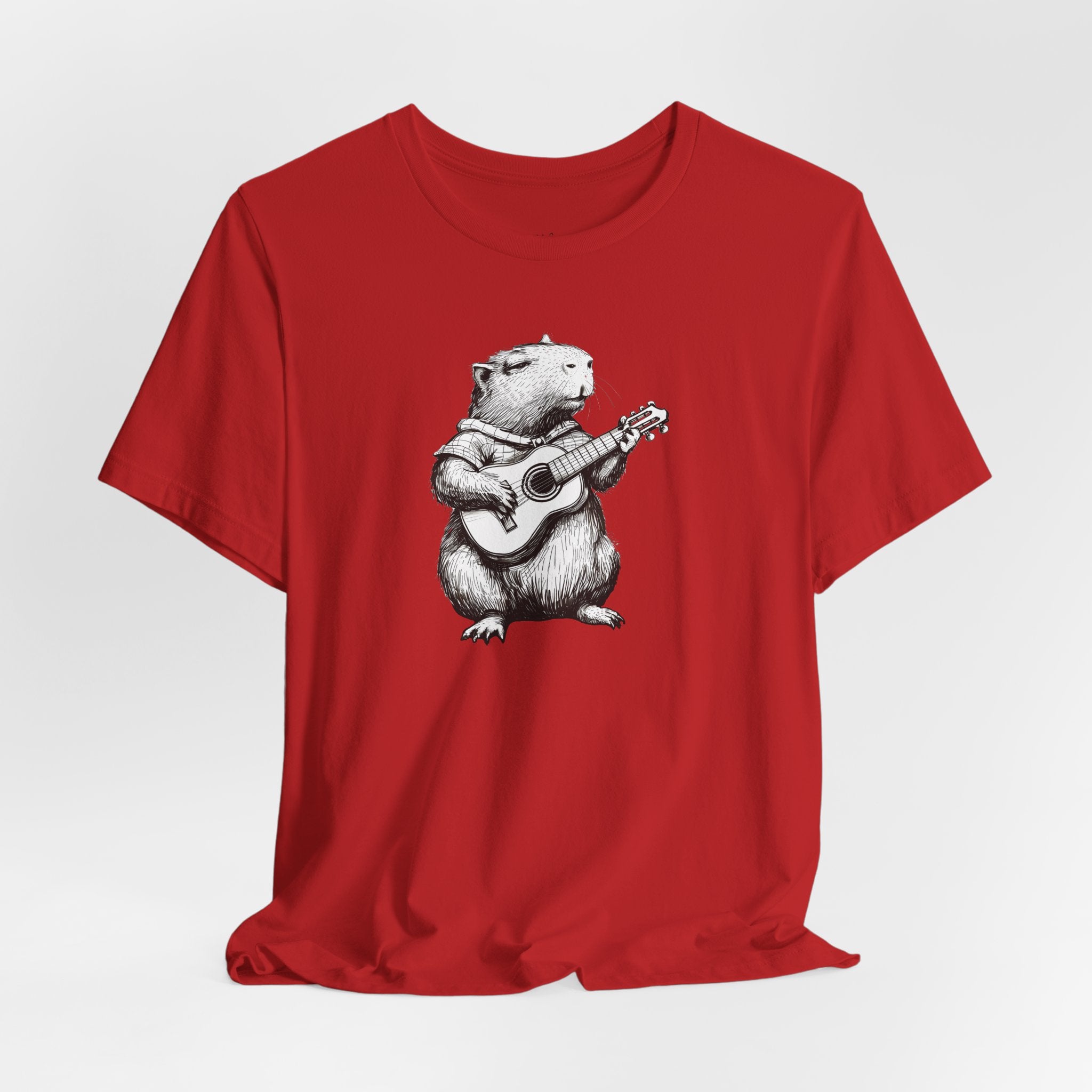 Guitar Playing Capybara Tee — Cute Acoustic Animal Graphic T-Shirt