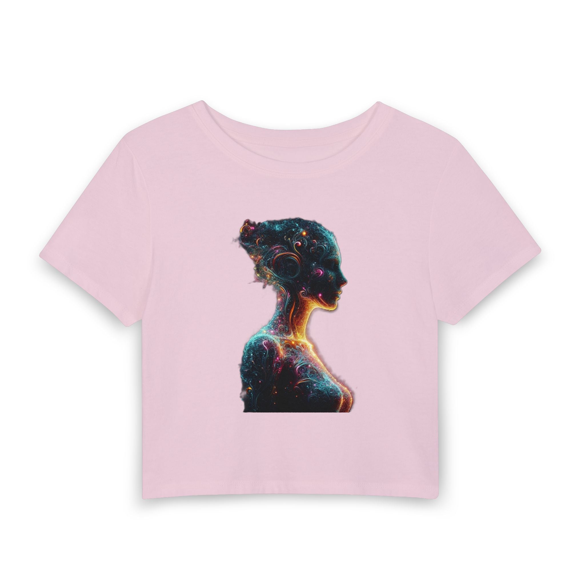 Cosmic Woman Silhouette Baby Tee — Galaxy Art Crop Top for Women