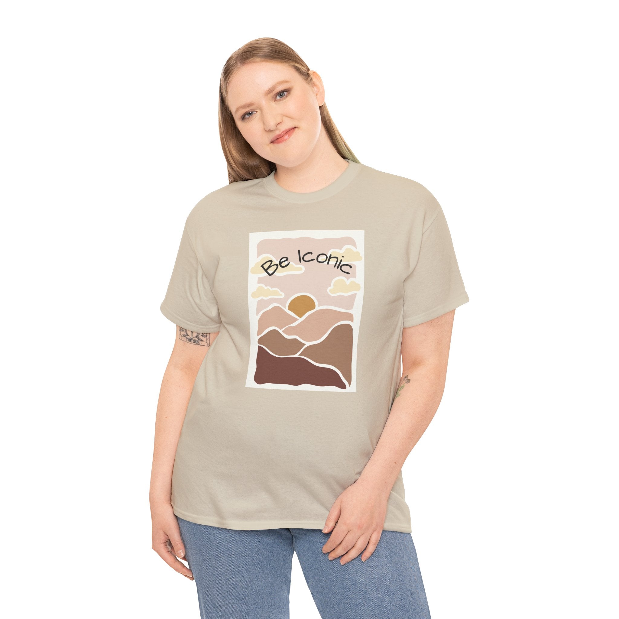 Be Iconic Tee — Retro Sunset Mountain Graphic T‑Shirt