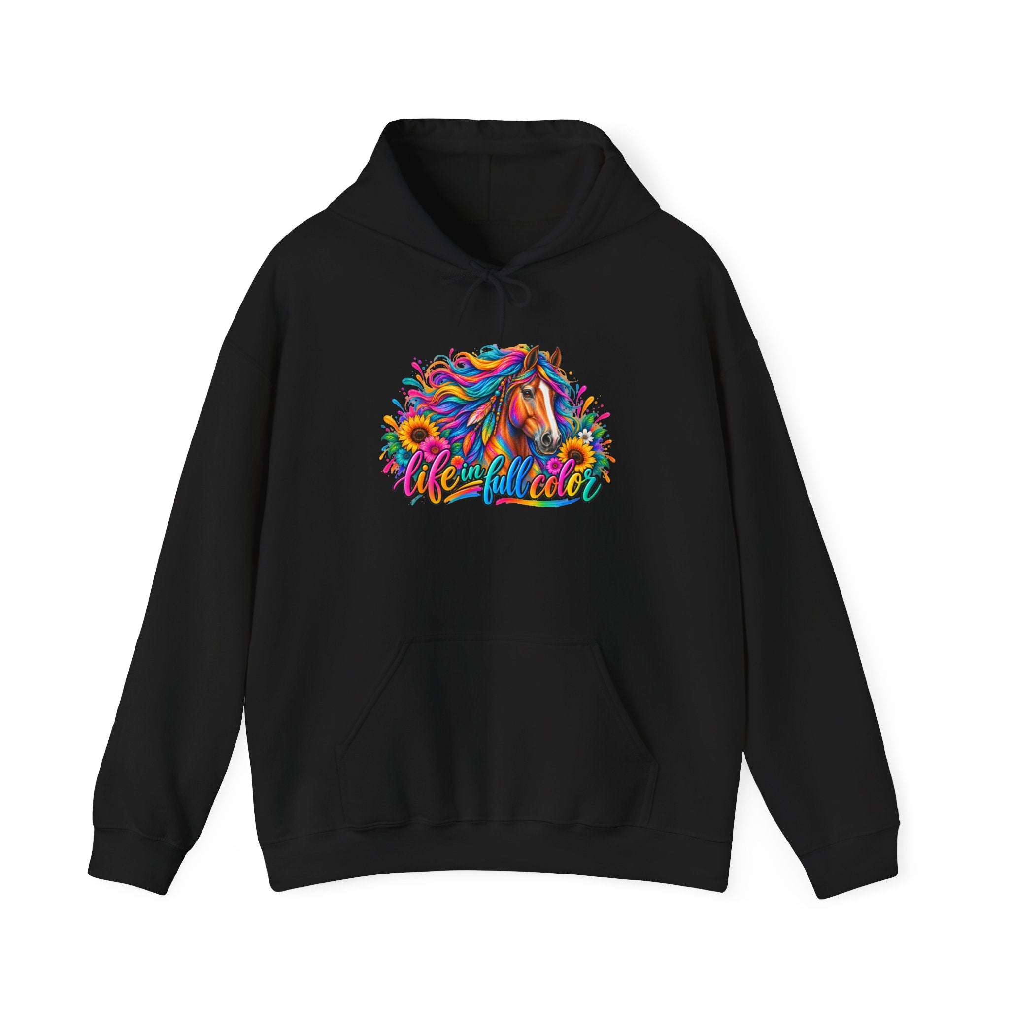 Colorful Horse Hoodie — Vibrant Rainbow Horse Graphic "Live Wild" Sweatshirt