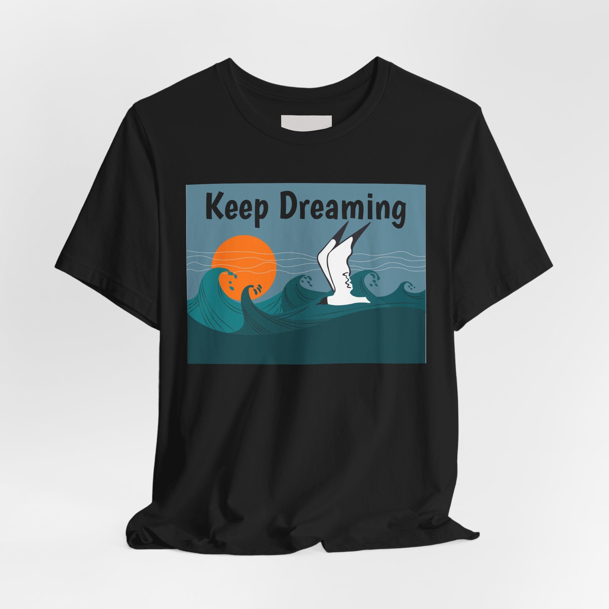 Keep Dreaming Seagull T-Shirt — Sunset Ocean Waves Graphic Tee