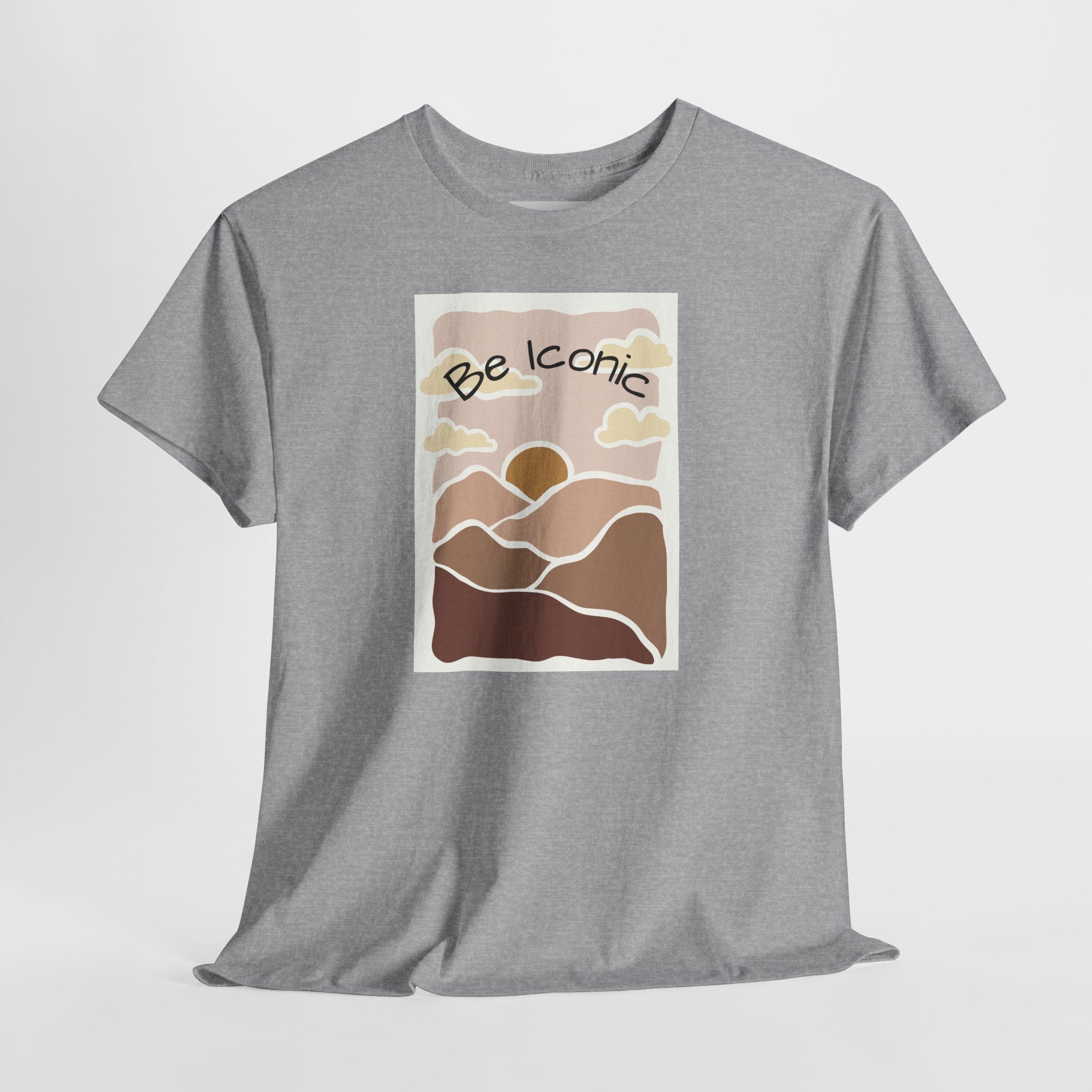 Be Iconic Tee — Retro Sunset Mountain Graphic T‑Shirt