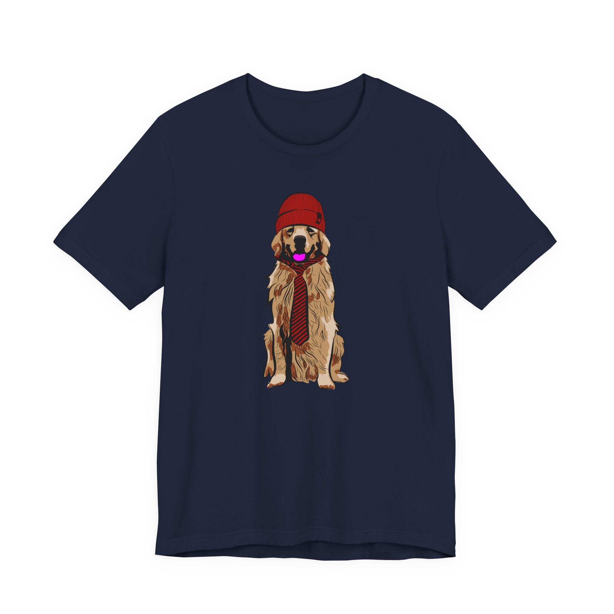 Golden Retriever Graphic Tee — Dog Wearing Beanie & Tie